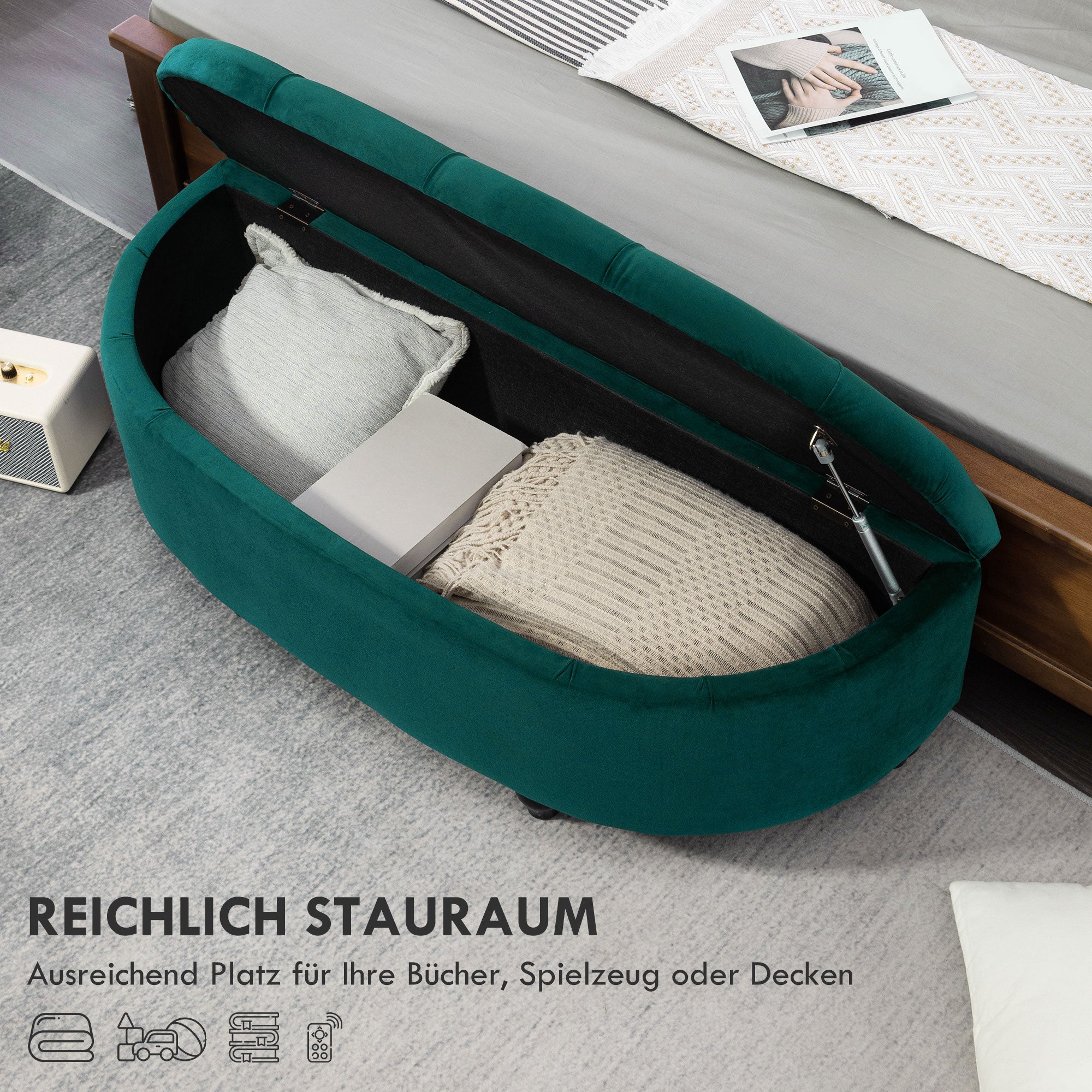 HOMCOM Kruk met Opbergruimte, 2-in-1 Poef, Gepolsterd, Fluwelen Bekleding, Hydraulische Dempers, 120 x 46 x 42 cm, Donkergroen