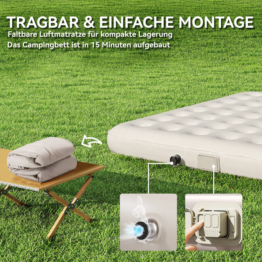 Outsunny Veldbed Kampeerbed met Luchtmatras en Pomp 200 x 153 cm Draagvermogen tot 200 kg Zwart+Khaki