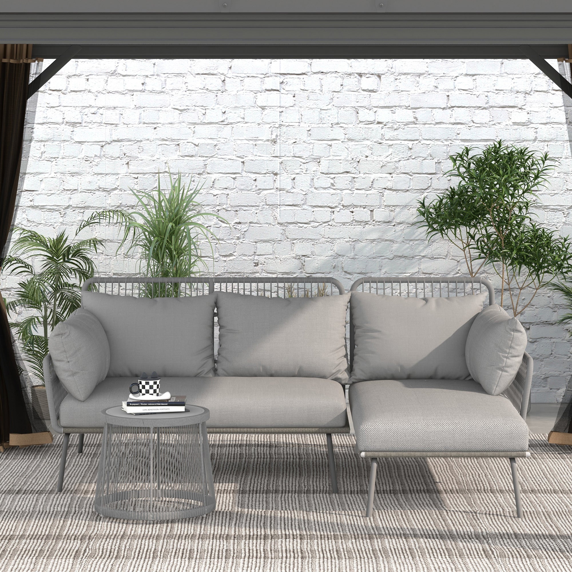 Outsunny Tuin Hoekbank Rattan 2 Zits voor Tuin & Terras, Lichtgrijs