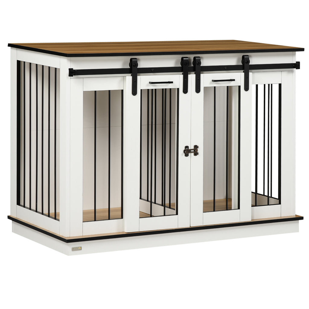 PawHut Hondenkooi met 2 Deuren, Hondenbox, Transportbox voor Honden, Rustiek Ontwerp, Vergrendelbaar, Wit