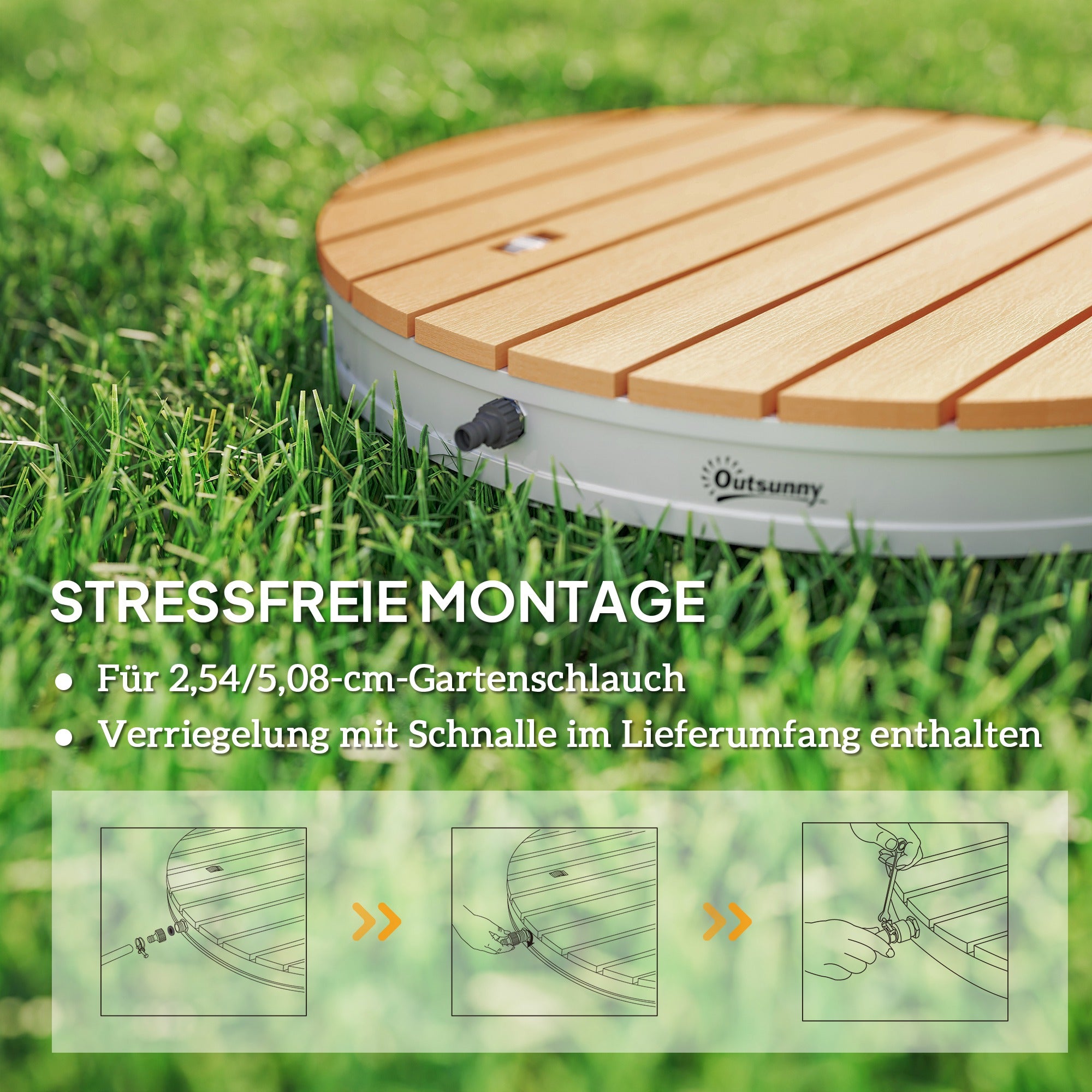 Outsunny Draagbare Buitendouche Set met Aanpasbare Fontein, Aluminium Basis, UV- en Vorstbestendig, Natuurhoutlook