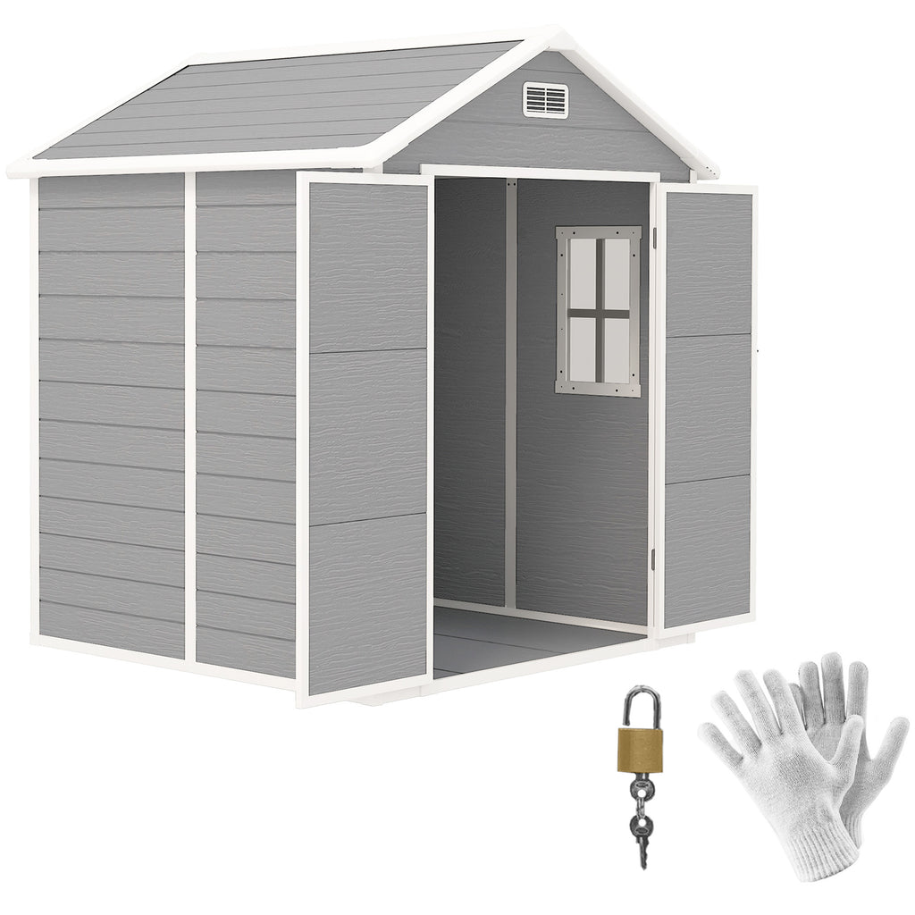 Outsunny Tuinschuur, Gereedschapsschuur met Bodem, Afsluitbare Deuren, Ventilatieopeningen, Venster, Houtlook, Kunststof, Grijs