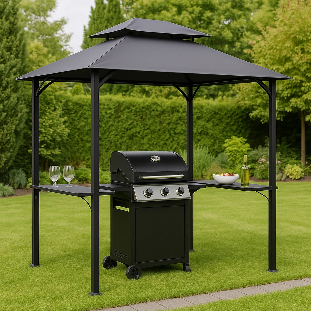 Grillskur med tag og sort metalramme 200x100x250 cm