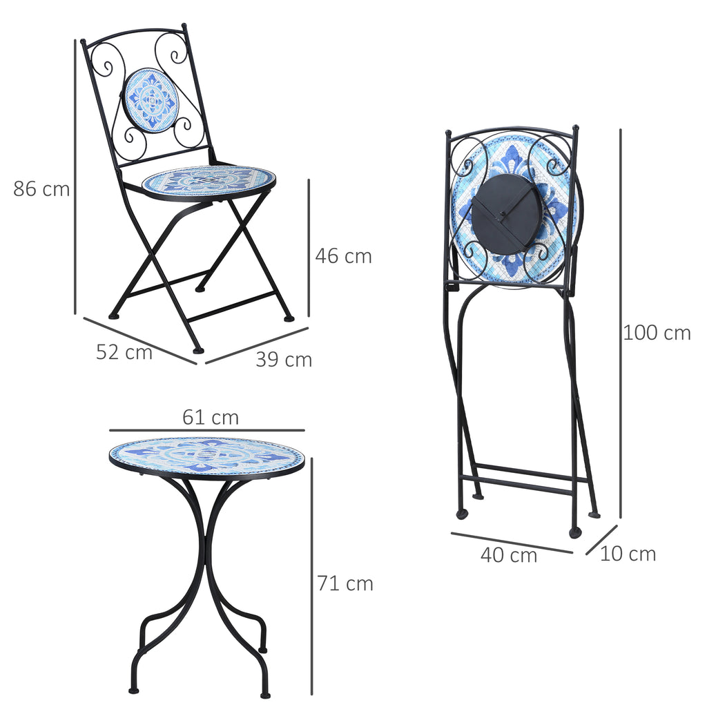 Outsunny Ø 61 cm tuinzitgroep 3-delige bistroset set 1 tafel + 2 klapstoelen voor terrasbalkon staalblauw