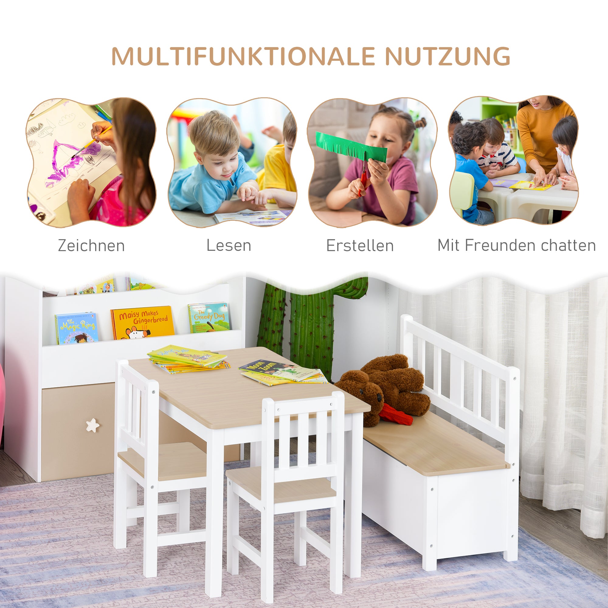 HOMCOM 4-delige kinderzitgroep kindertafel kinderstoel kinderbank kindermeubel naturel