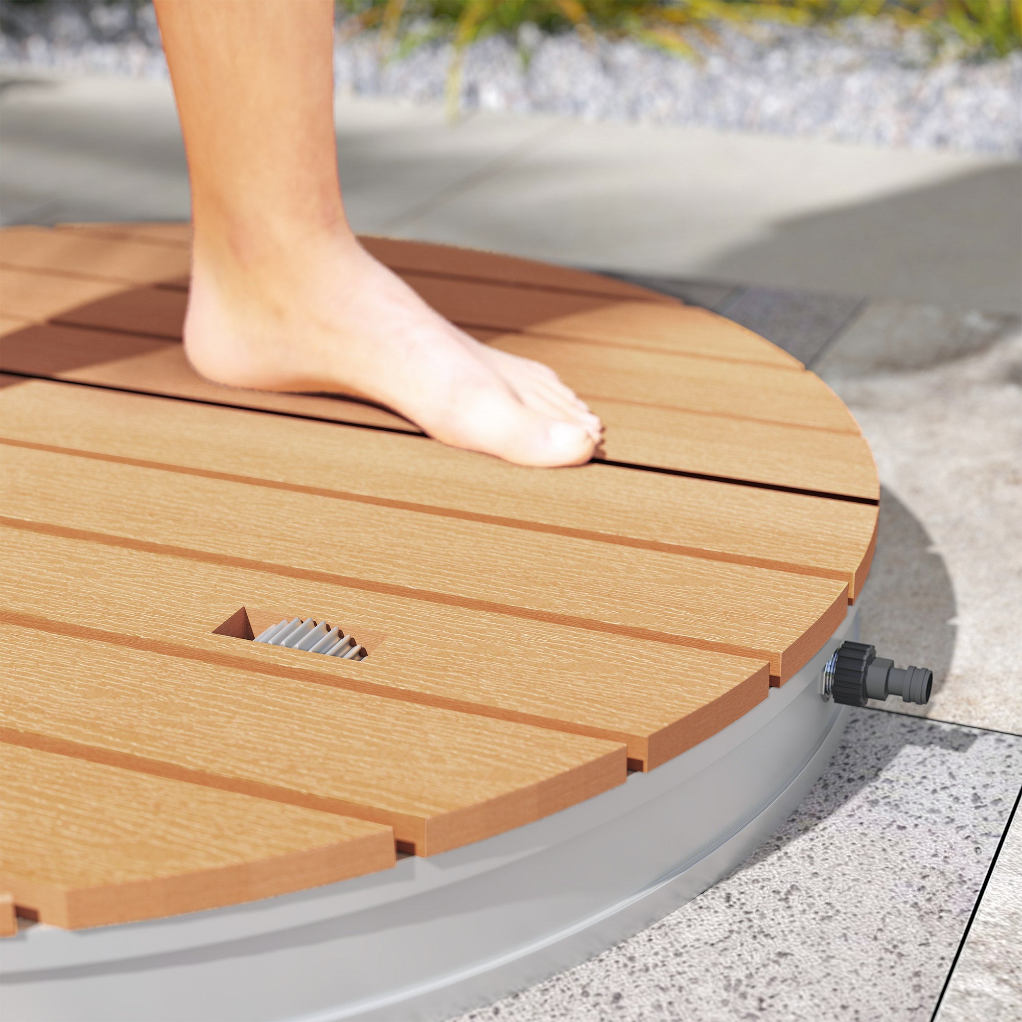 Outsunny Draagbare Buitendouche Set met Aanpasbare Fontein, Aluminium Basis, UV- en Vorstbestendig, Natuurhoutlook