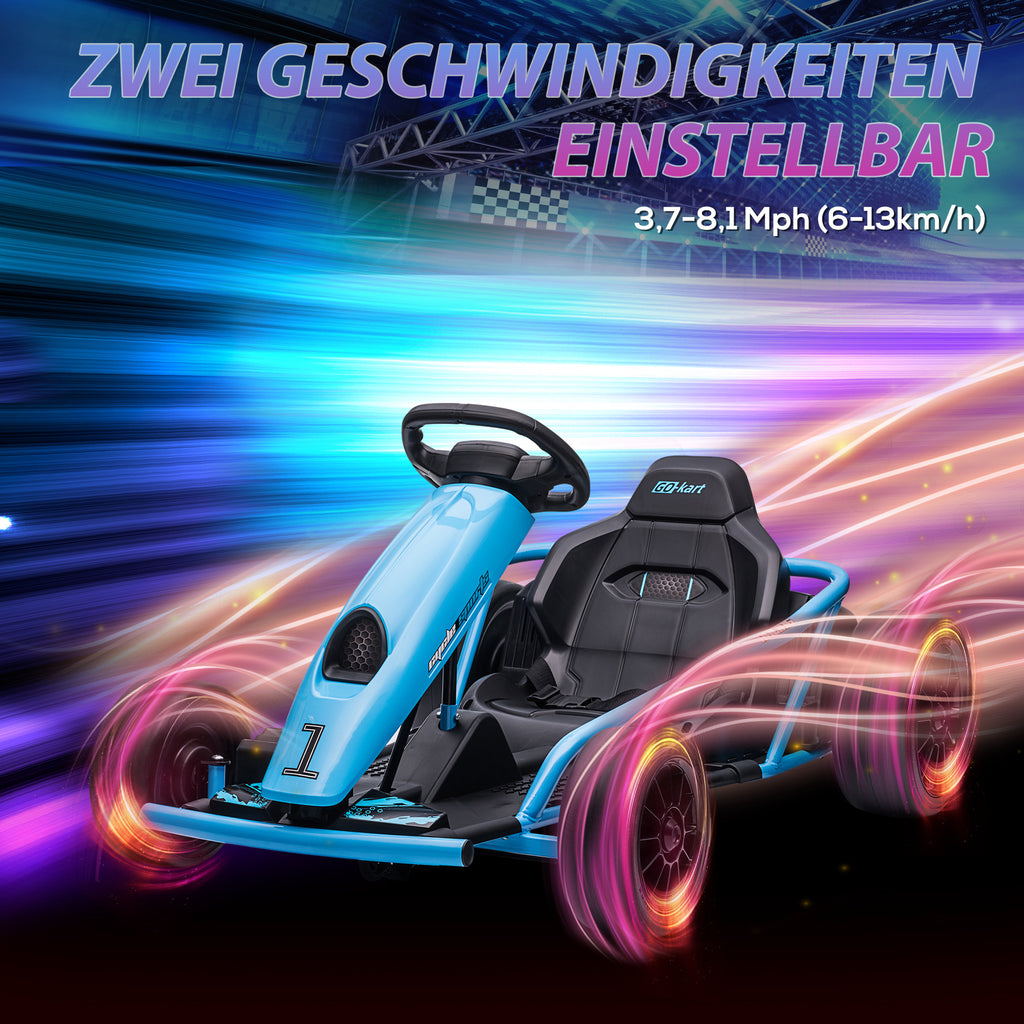 HOMCOM Elektrische Go-kart voor Kinderen, Driftfunctie, Claxon, Muziek, Veiligheidsgordel, Soft-Start, Blauw/Zwart