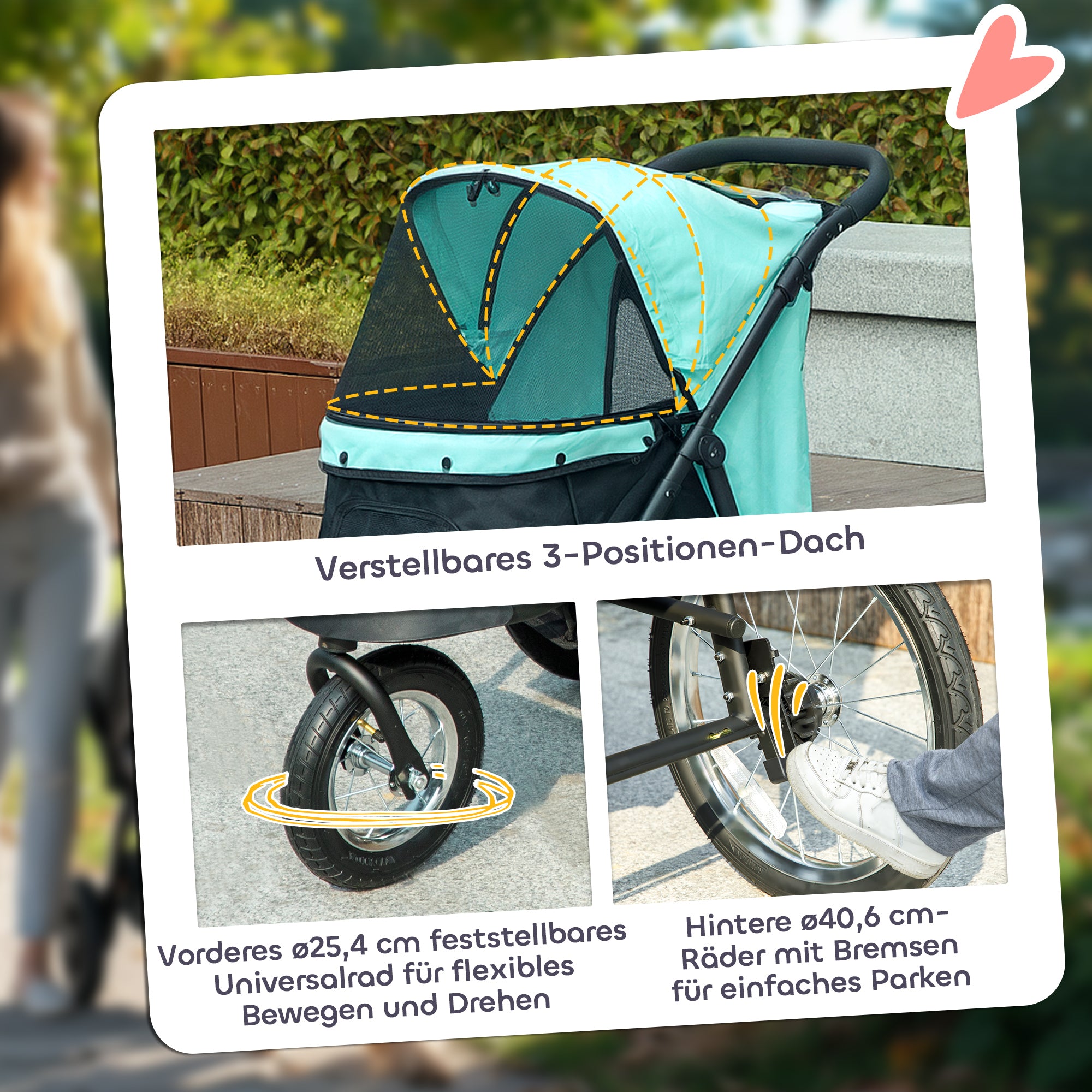 PawHut Hondenbuggy voor Kleine Honden en Katten - Met Opbergmand, Één-Klik Opvouwbaar Ontwerp, Turquoise