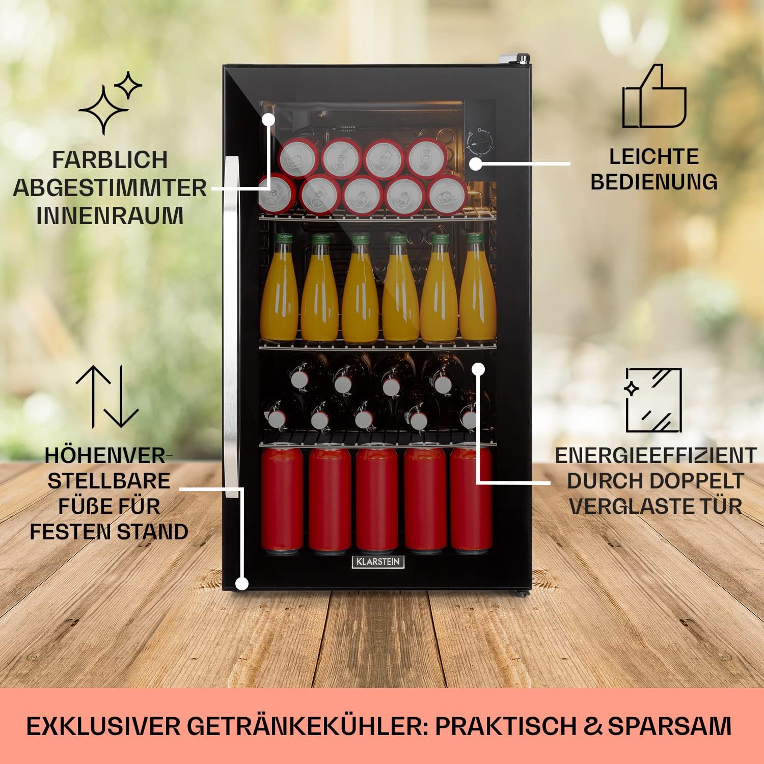 Klarstein Mini Koelkast met Glazen Deur voor Kamer, Drankenkoelkast met Verstelbare Planken, Klein 80 Liter, Indoor/Outdoor Koelkast Stil
