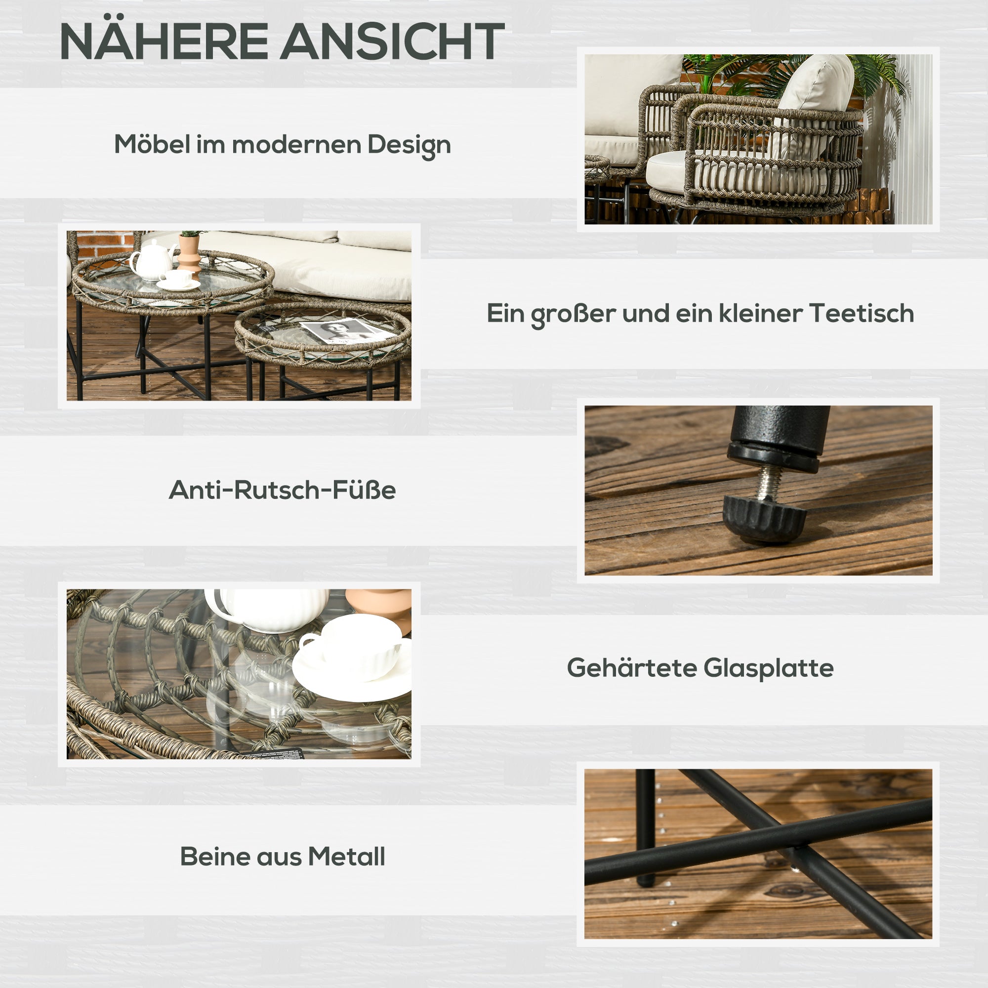 Outsunny tuinmeubels 5-delig Zitset van rotan voor buiten met kussens, aluminium