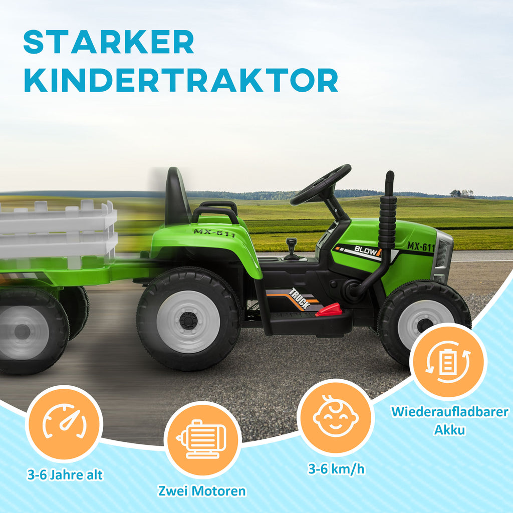 HOMCOM Elektrische kinderauto, kindertractor, inclusief ouderlijke afstandsbediening, maximale snelheid van 6 km/u, groen + zwart