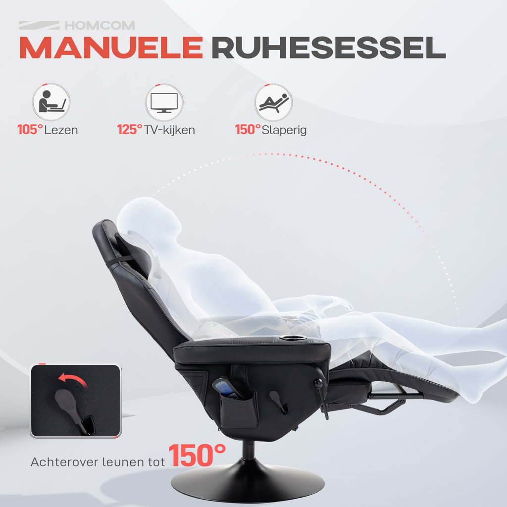 HOMCOM Gamingstoel, Massagefunctie, Kantelbare Rugleuning, Voetensteun, tot 120 kg, Stalen Frame, Kunstleer, Zwart