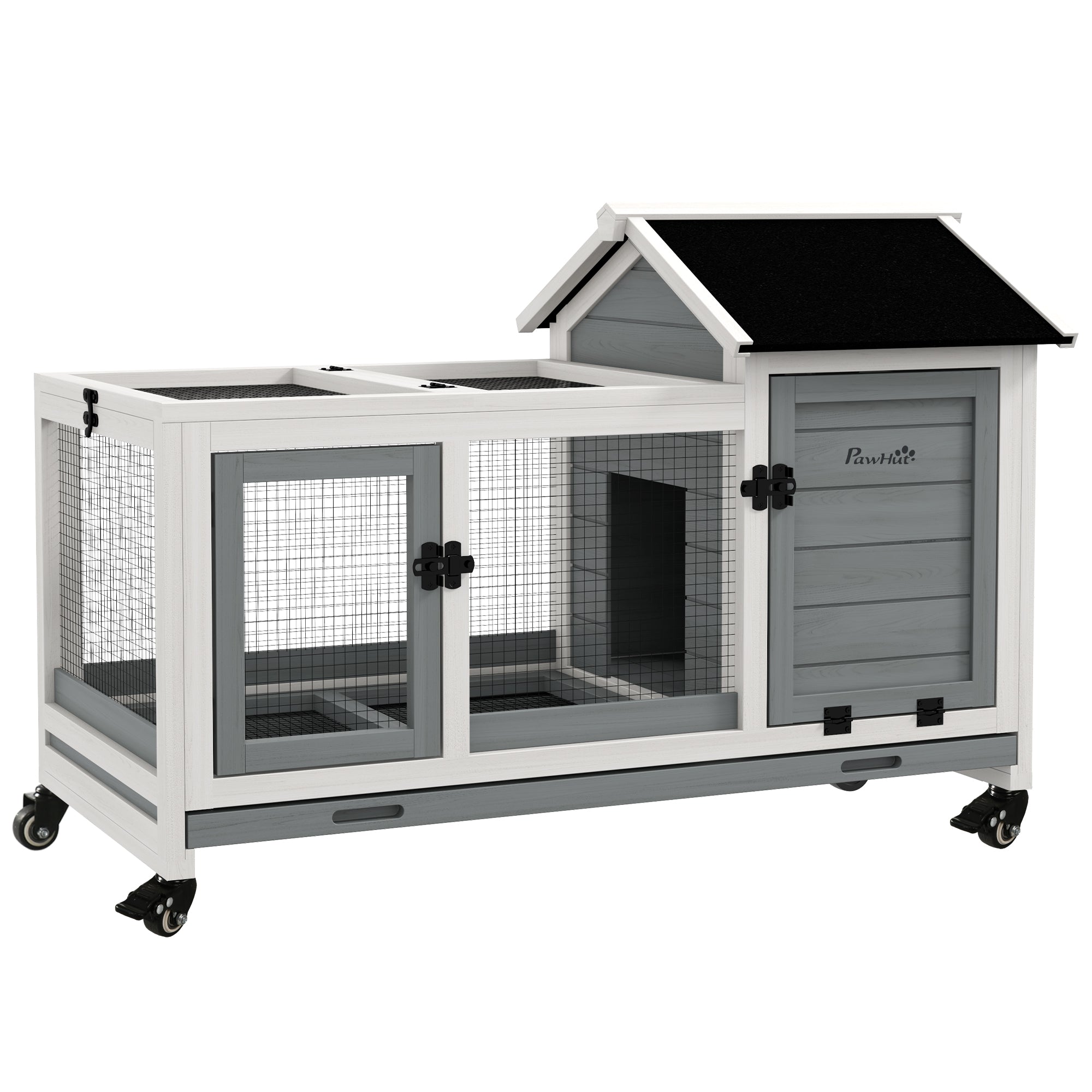 PawHut Konijnenhok, Kleine Dierenhok voor Dwergkonijnen, Cavia's, met Wielen, 108 x 58 x 73,5 cm, Grijs