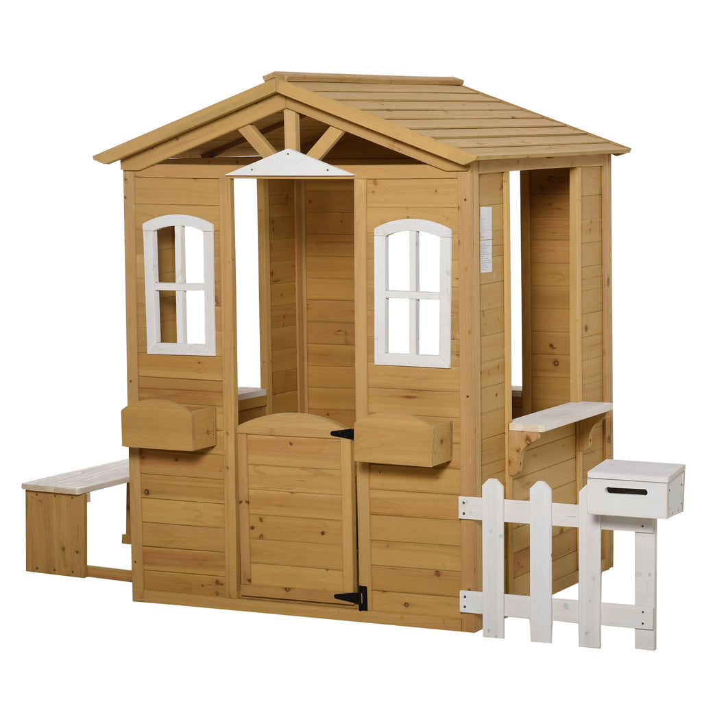 Outsunny Houten kinderspeelhuis Tuinspeelhuis met deur, ramen, plantenbak en bankje voor kinderen 3-6 jaar