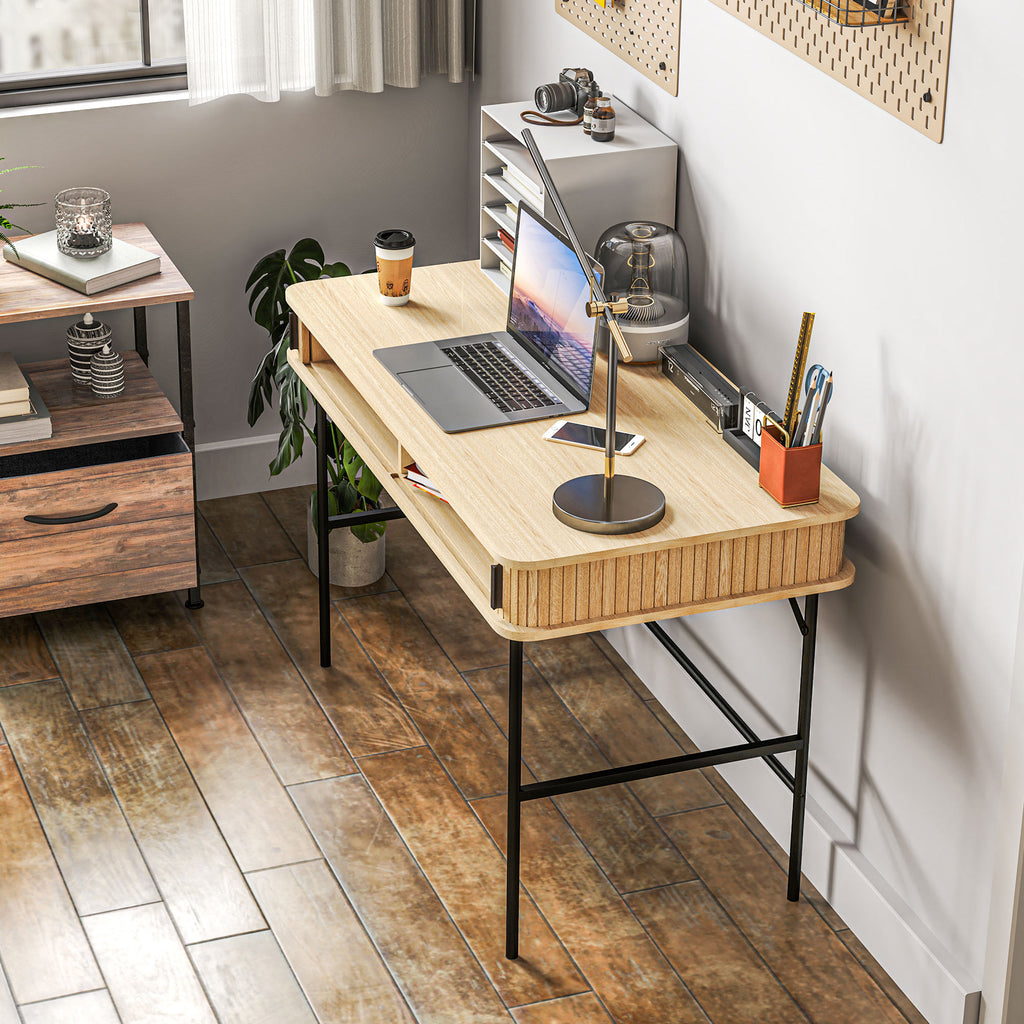 HOMCOM Bureau, Retrostijl, Lamellendecor, Opbergvakken, Stalen Poten, 120 x 60 x 76,5 cm, Eik/Zwart