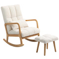 HOMCOM Schommelstoel met Voetensteun, Fleece-Bekleding, Hoge Rugleuning, Houten Poten, Voetpads, Wit