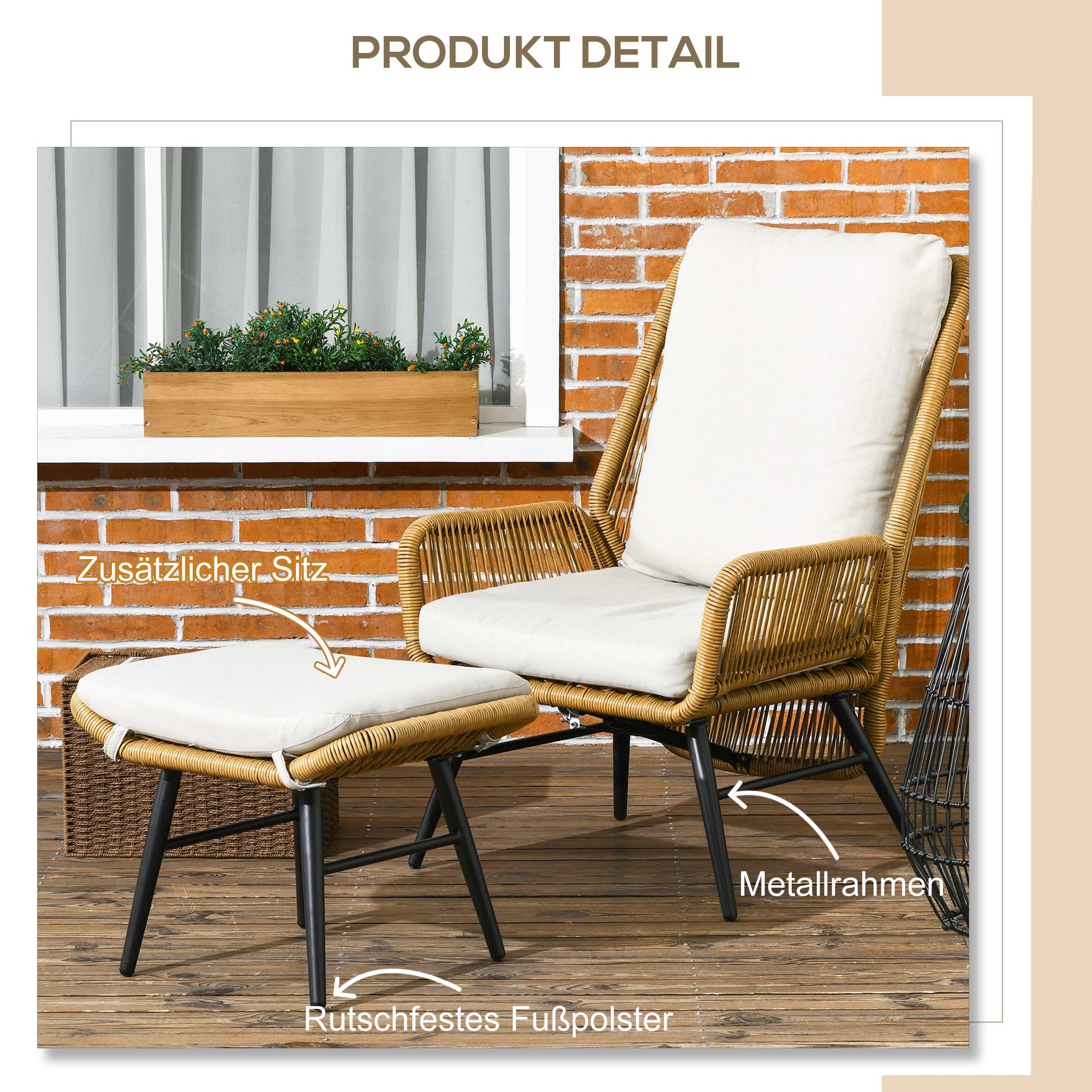 Outsunny Polyrattan Tuinstoel en Voetenbank, verstelbare leuning, Lichtbruin/Grijs/Zwart