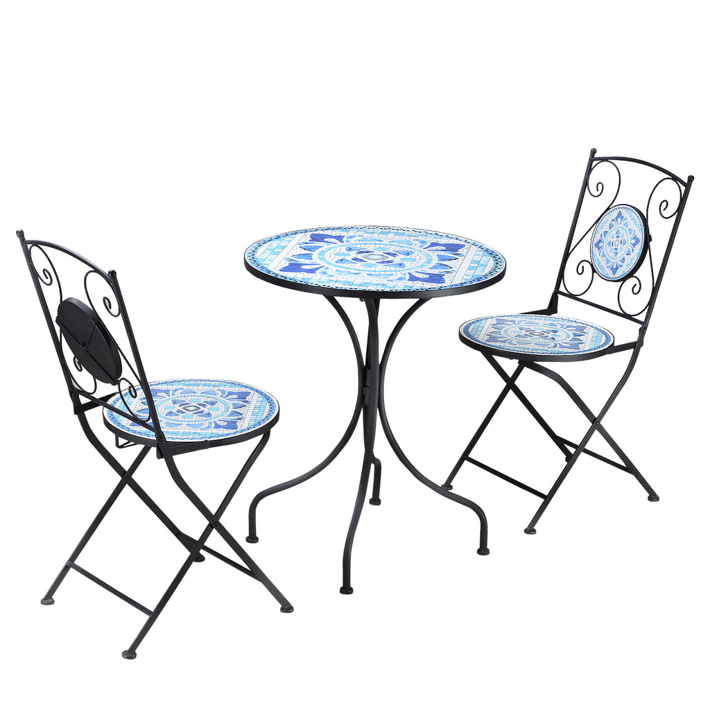 Outsunny Ø 61 cm tuinzitgroep 3-delige bistroset set 1 tafel + 2 klapstoelen voor terrasbalkon staalblauw
