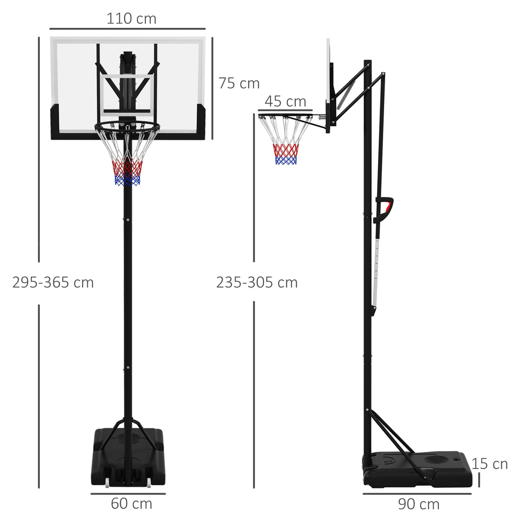 SPORTNOW Mobiele Basketbalstandaard, In Hoogte Verstelbaar, Onbreekbare Achterwand, 2,35-3,05 m Korfhoogte, Zwart