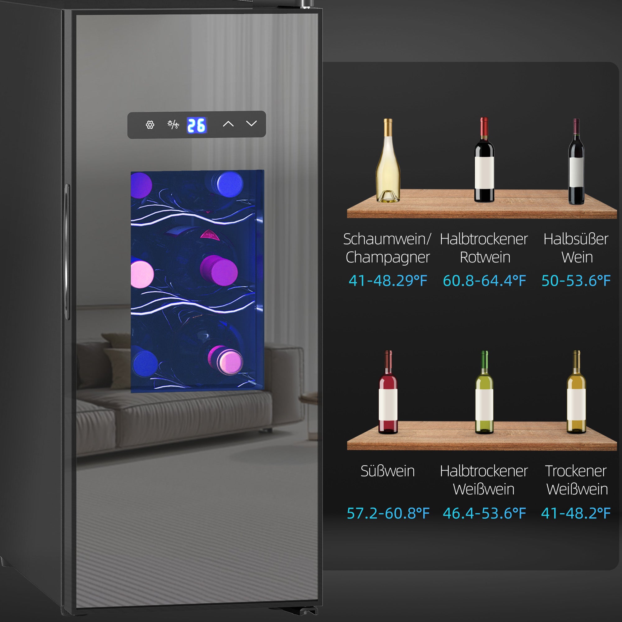 HOMCOM Wijnkoelkast voor 12 Flessen met Glazen Deur en LED-Licht, Touch-Screen, Zwart