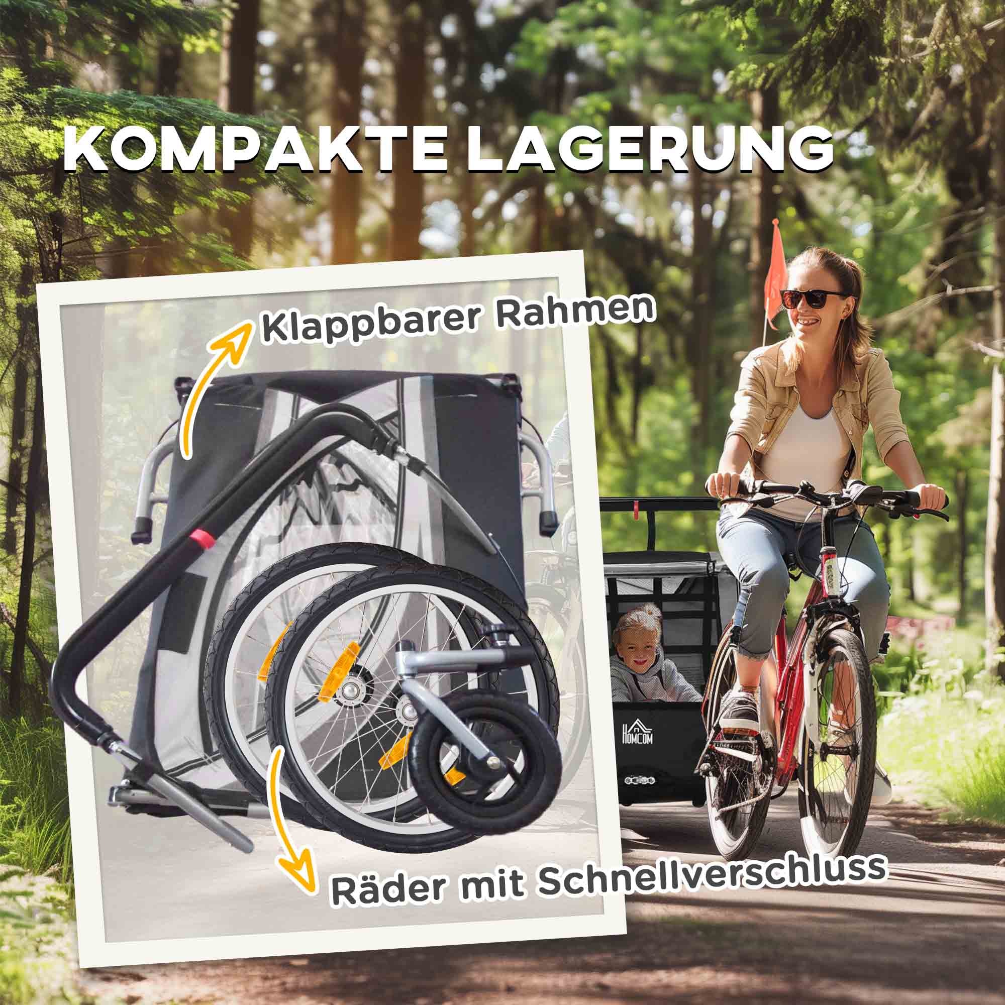 HOMCOM Kinderfietskar/Duwwagen met Remmen, Opvouwbaar, voor 2 Kinderen, Grijs/Zwart
