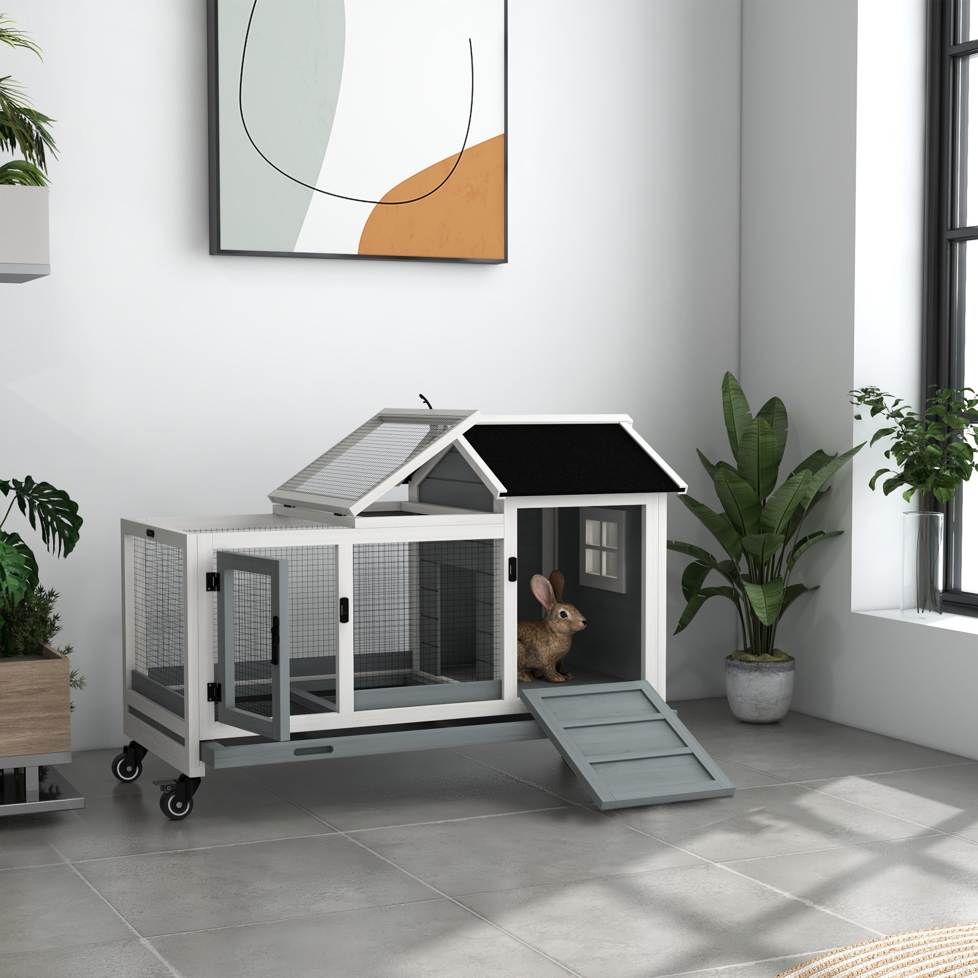 PawHut Konijnenhok, Kleine Dierenhok voor Dwergkonijnen, Cavia's, met Wielen, 108 x 58 x 73,5 cm, Grijs