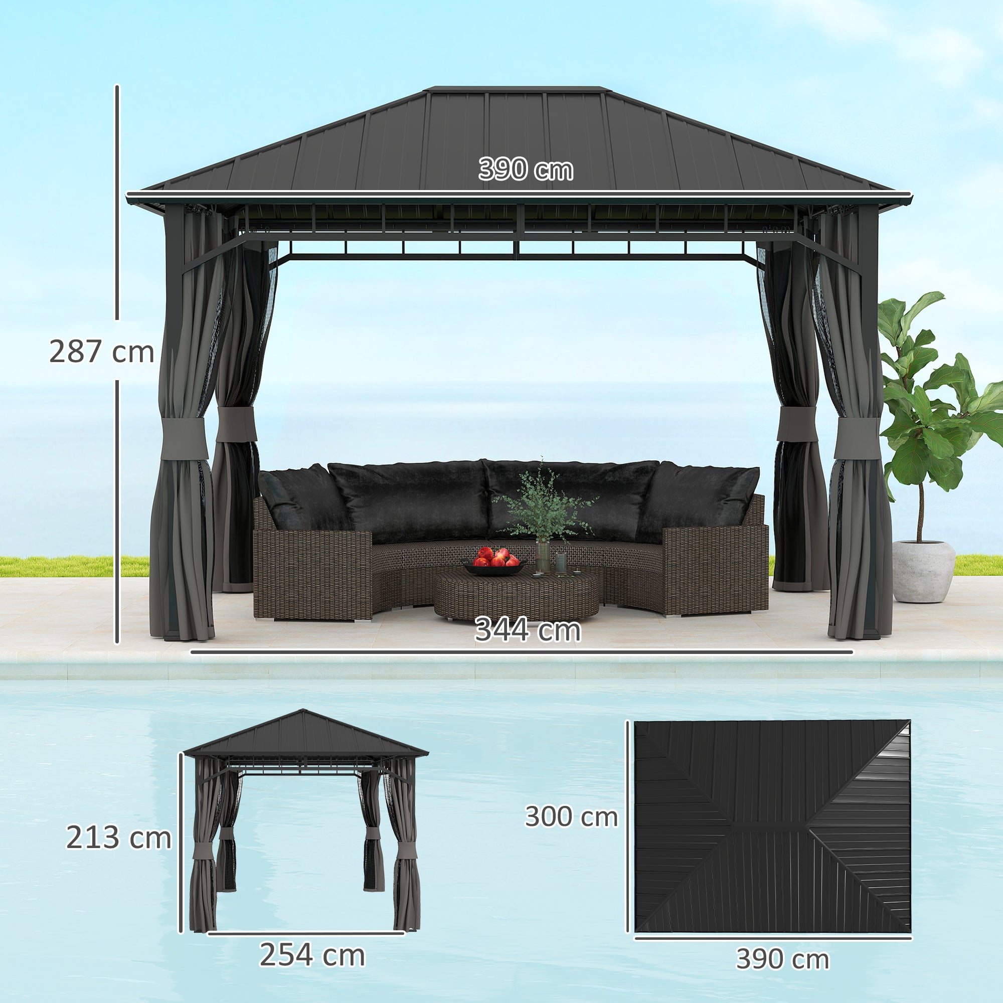 Outsunny Tuinpaviljoen, Metalen Paviljoen, Waterdicht, UV-bestendig, Terraspaviljoen met Netwanden en Gordijnen, Donkergrijs