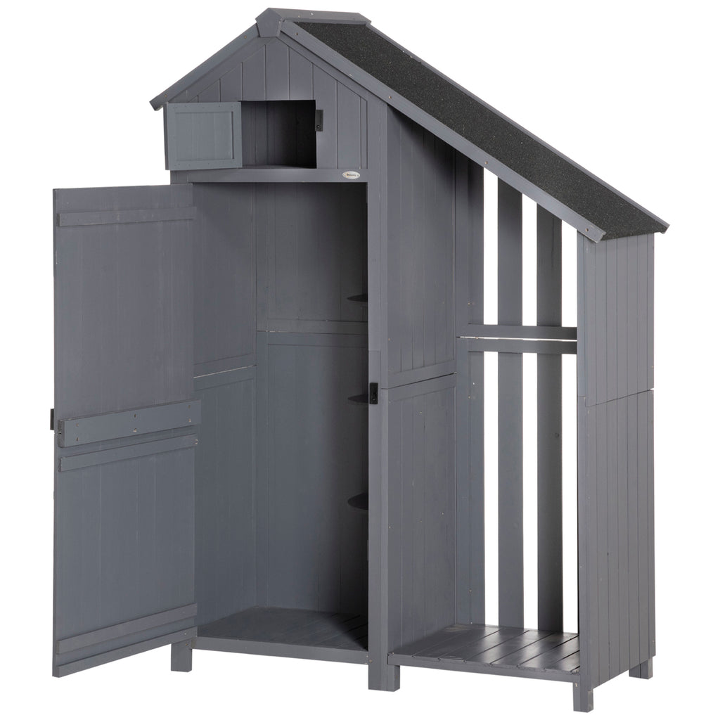 Outsunny tuinhuis gereedschapshuis gereedschapsschuur met opslagruimte voor brandhout gereedschapsschuur met 3 planken, grijs,130 x 54,5 x 180 cm