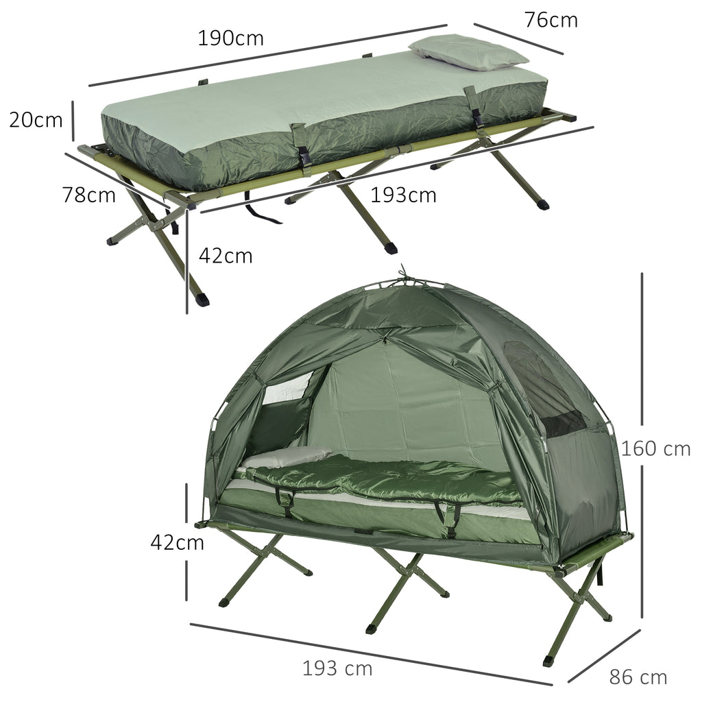 Outsunny Campingbed voor volwassenen - 4-in-1 set met tent, slaapzak, matras en waterdichte comfortabel opvouwbare, donkergroen
