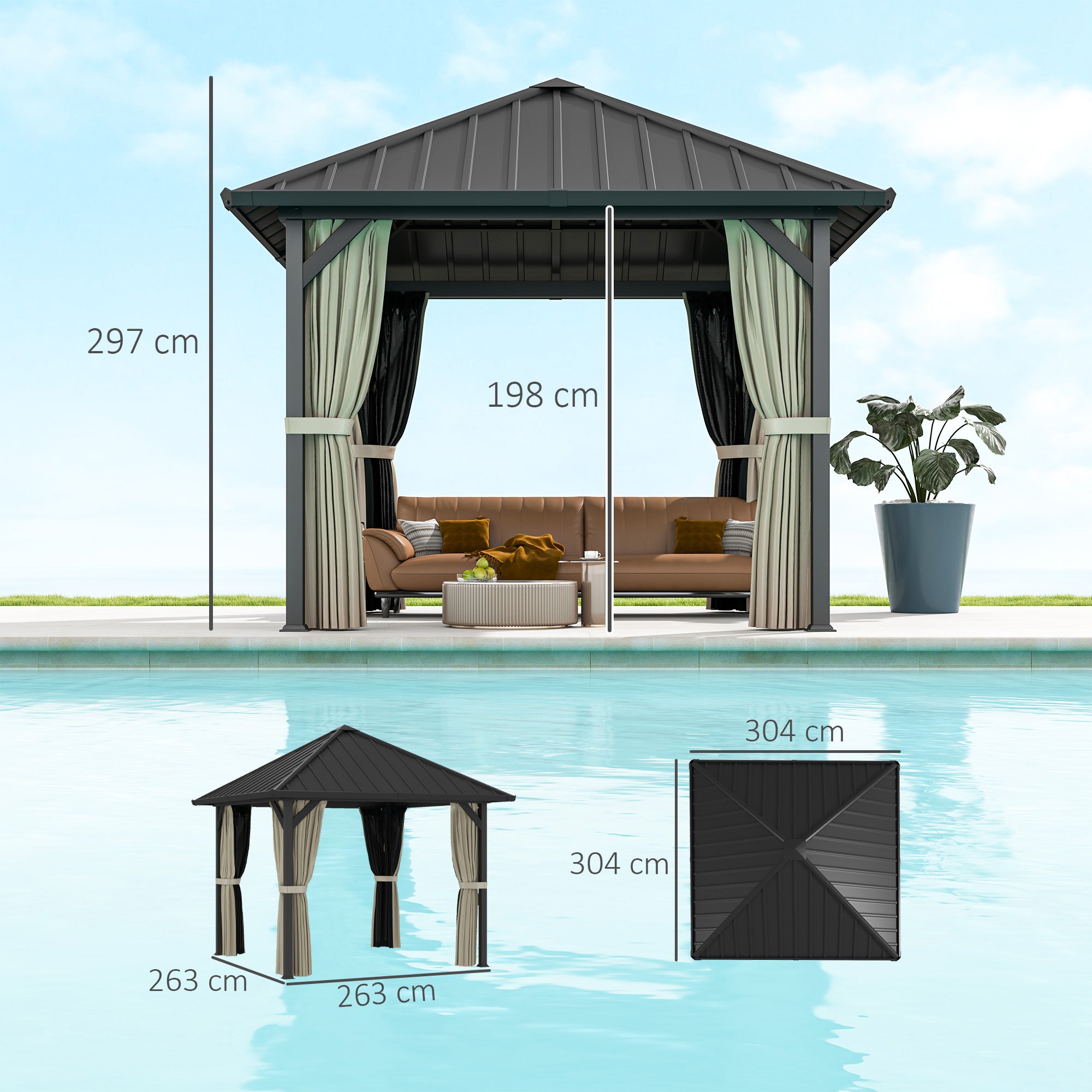 Outsunny 3 x 3m Harddak Paviljoen, Tuinpaviljoen met Metalen Dak, Waterbestendig Tuinzelt met Net en Zijwanden, Donkergrijs
