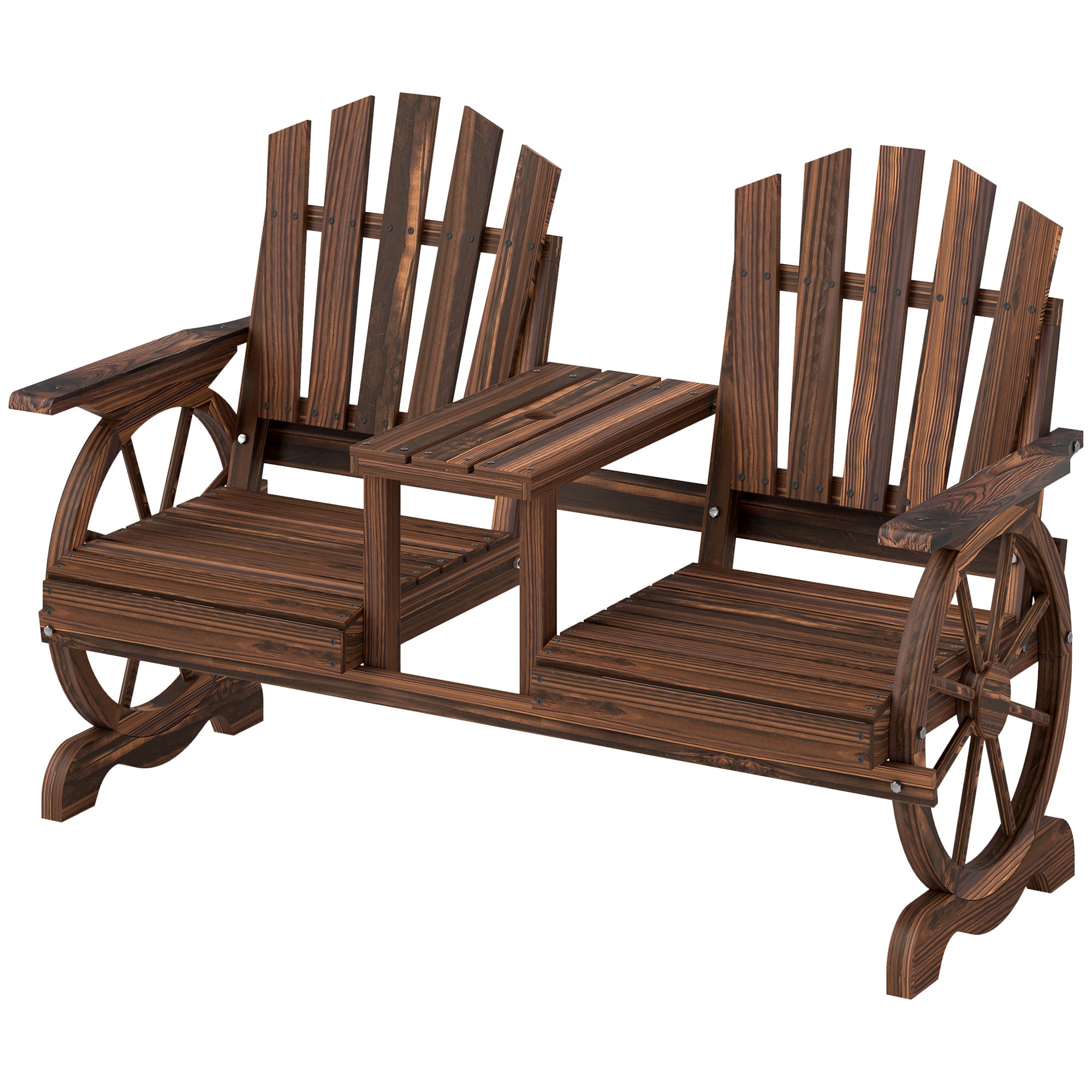 Outsunny Weerbestendige 2-Zits Houten Tuinbank met Paraplugat en Wagenwielpoten, 154 x 65 x 102 cm, Verkoolt