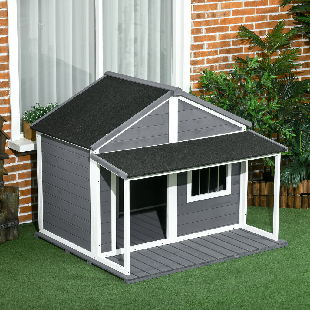 PawHut Hondenhok voor buiten - Inclusief veranda - Weerbestendig - 124 cm x 112 cm x 105 cm - Grijs + Wit