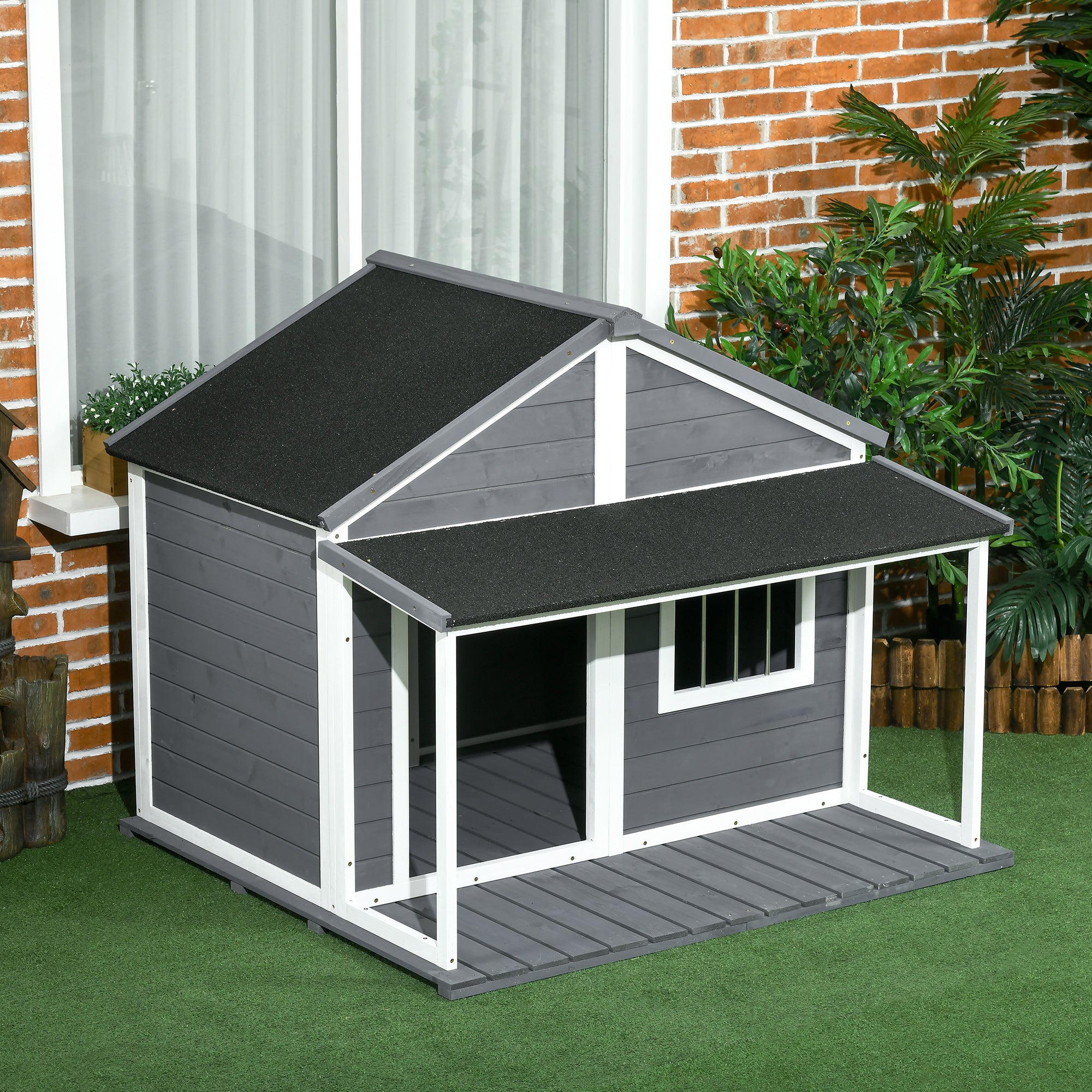 PawHut Hondenhok voor buiten - Inclusief veranda - Weerbestendig - 124 cm x 112 cm x 105 cm - Grijs + Wit