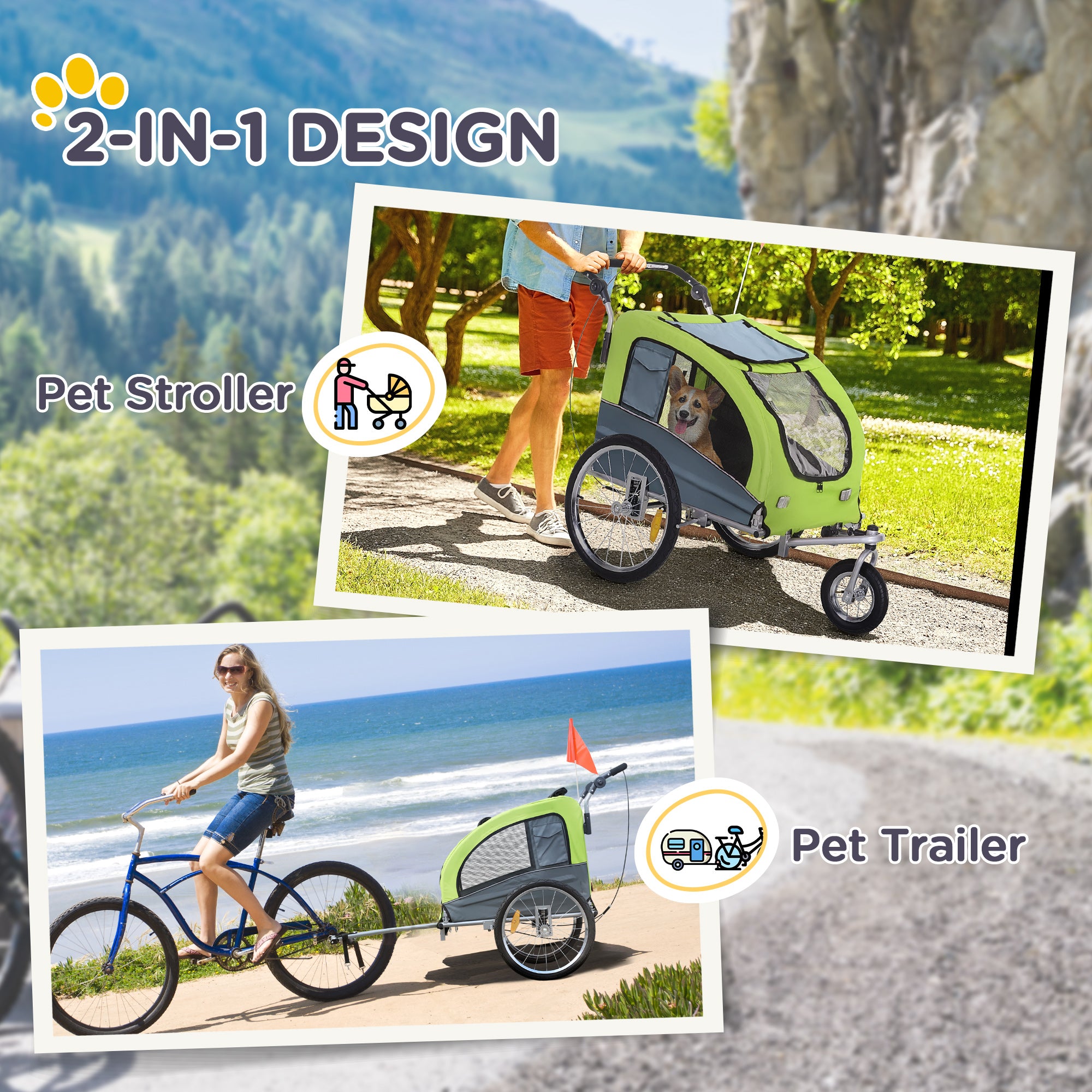 PawHut 2 in 1 hondenaanhanger fietskar jogger vlag regenhoes voor honden 4 kleuren