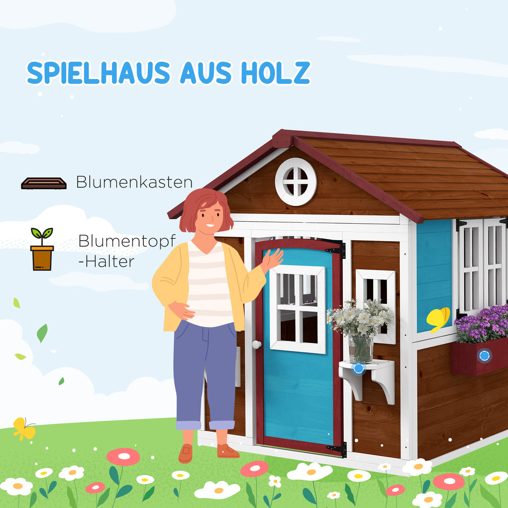 Outsunny Kinderspeelhuis van hout voor buiten, met ramen, bloempotten, ideaal voor kinderen van 3-8 jaar, Blauw