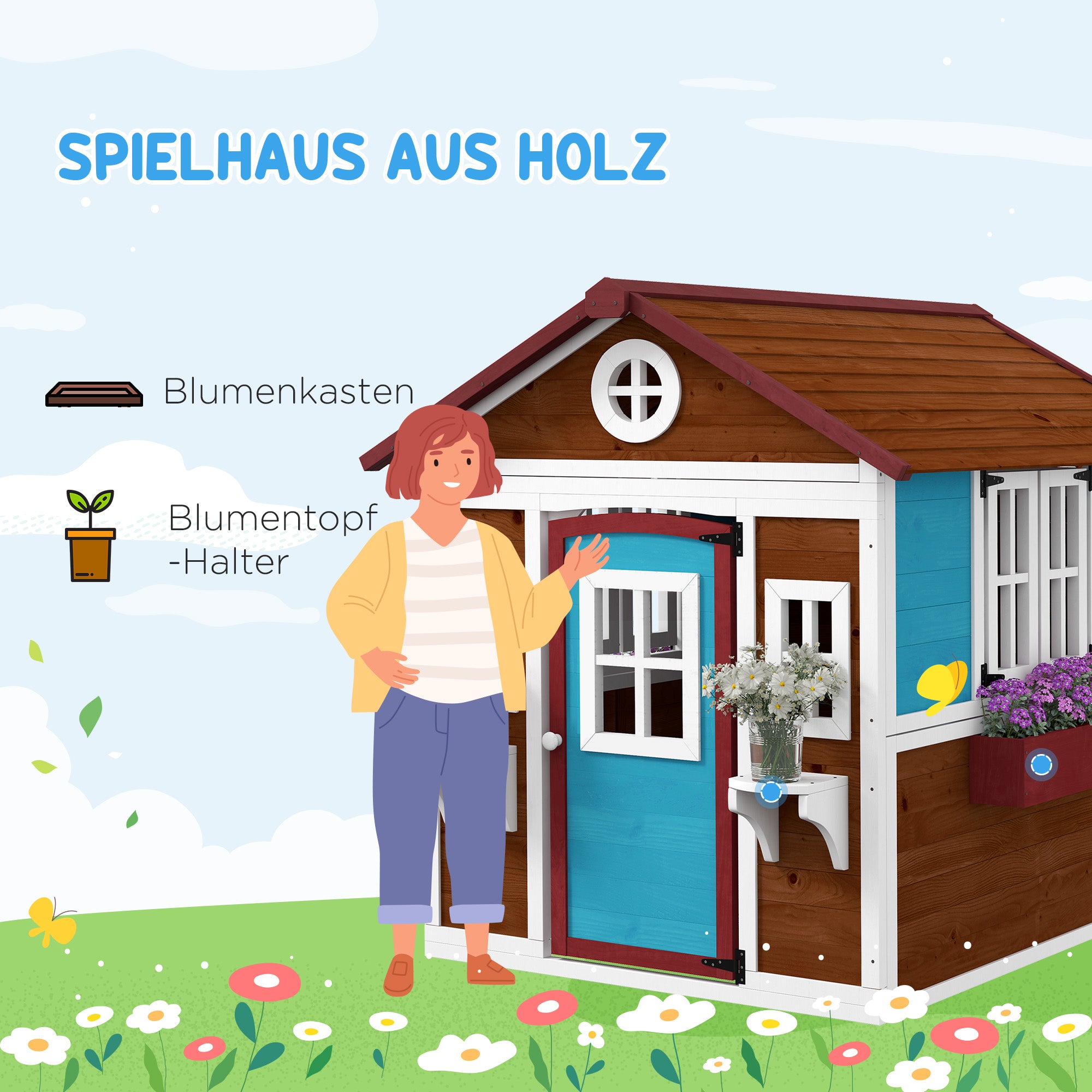 Outsunny Kinderspeelhuis van hout voor buiten, met ramen, bloempotten, ideaal voor kinderen van 3-8 jaar, Blauw