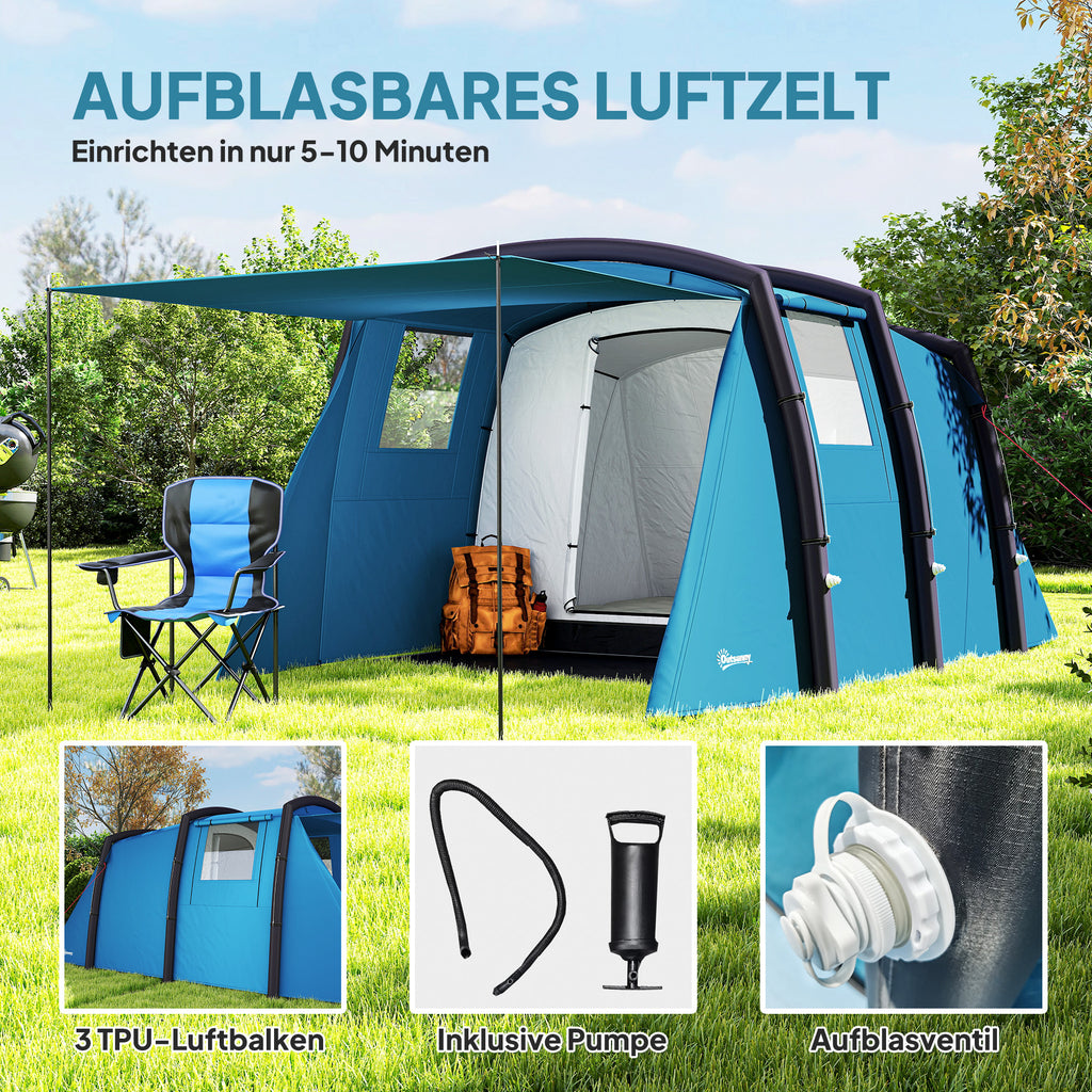 Outsunny Opblaasbare Campingtent 3-6 Personen Outdoor Tunneltent met Zijramen Deur Luchtsteunen 4,4 x 2,8 x 1,95 m Blauw