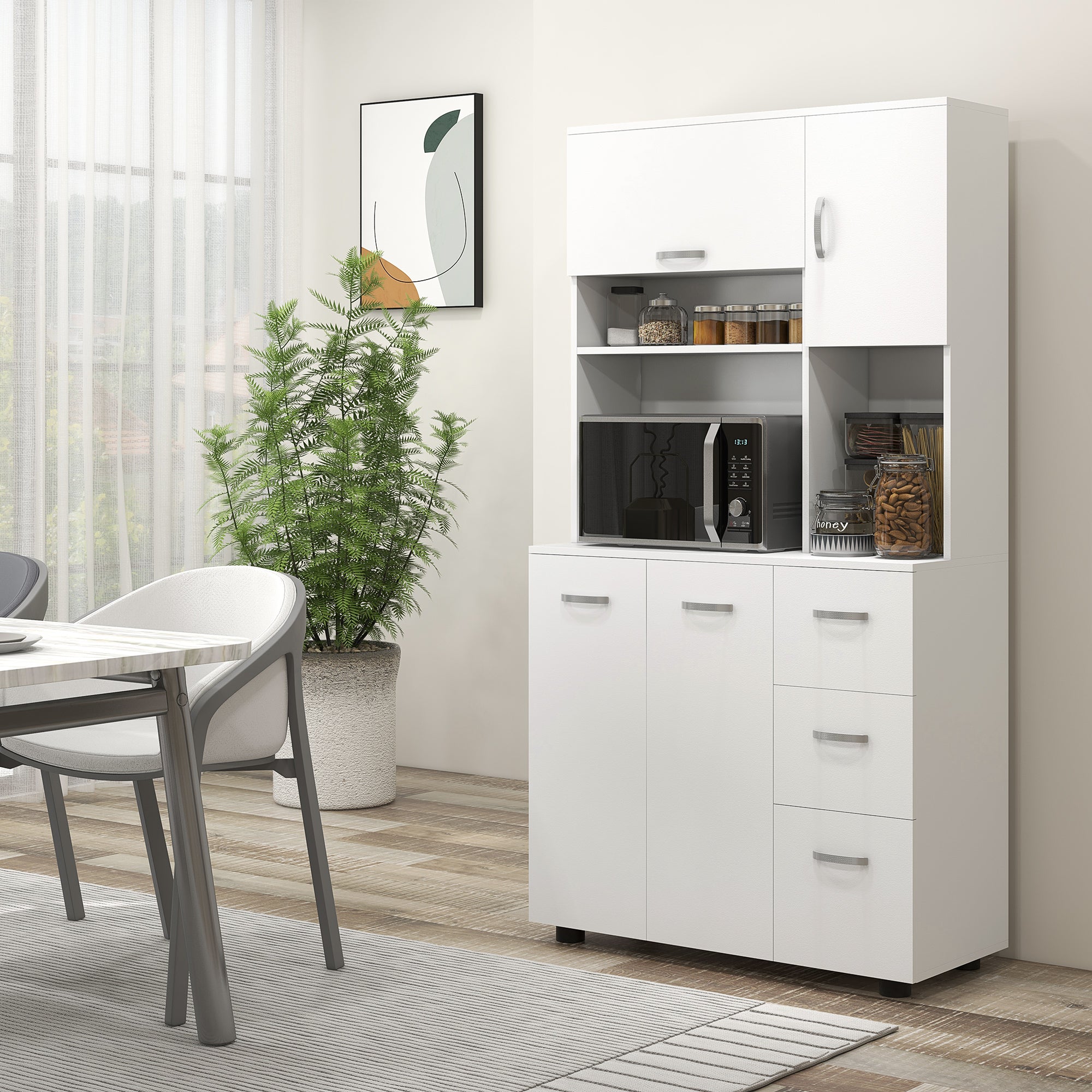 HOMCOM Keukenkast, Buffet, 3 Laden, 3 Planken, Veel Opbergruimte, 89x39,5x168cm, Wit