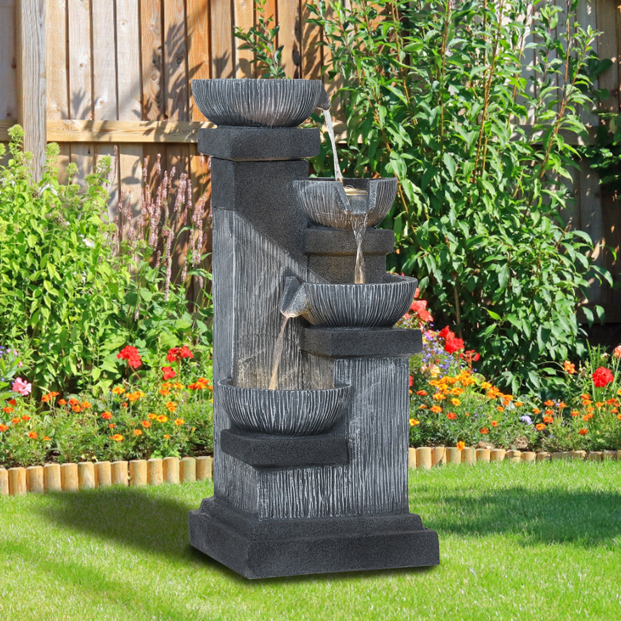Outsunny 85 cm Outdoor Fontein, 4-Verdiepingen Sierfontein, Kunstmatige Waterval met LED-verlichting en Pomp, Grijs