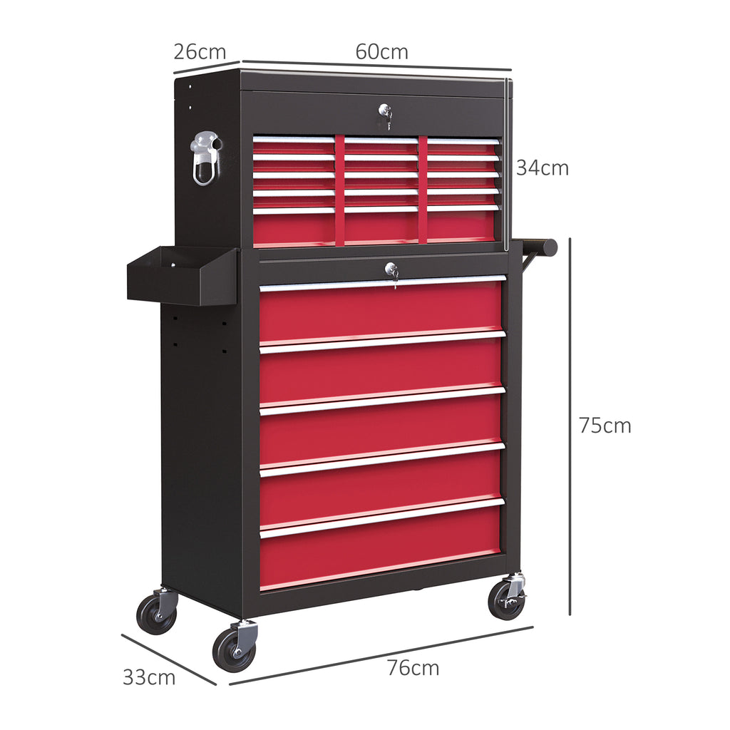 HOMCOM Gereedschapswagen, Tweedelig, Afsluitbaar, 14 Laden, Zijwand met Gaten, Staal, Rood
