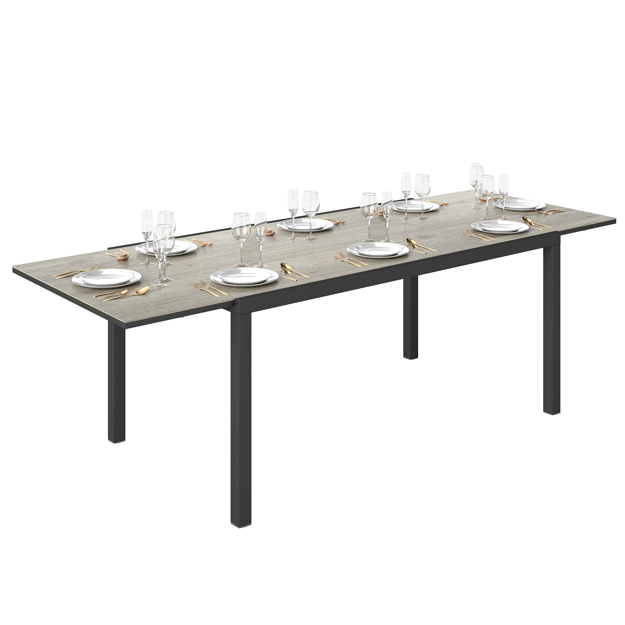 Outsunny Uitschuifbare Eettafel voor 6-8 Personen, Verstelbare Outdoor Tafel van Aluminium, Staal, Kunststof met Houteffect, Grijs