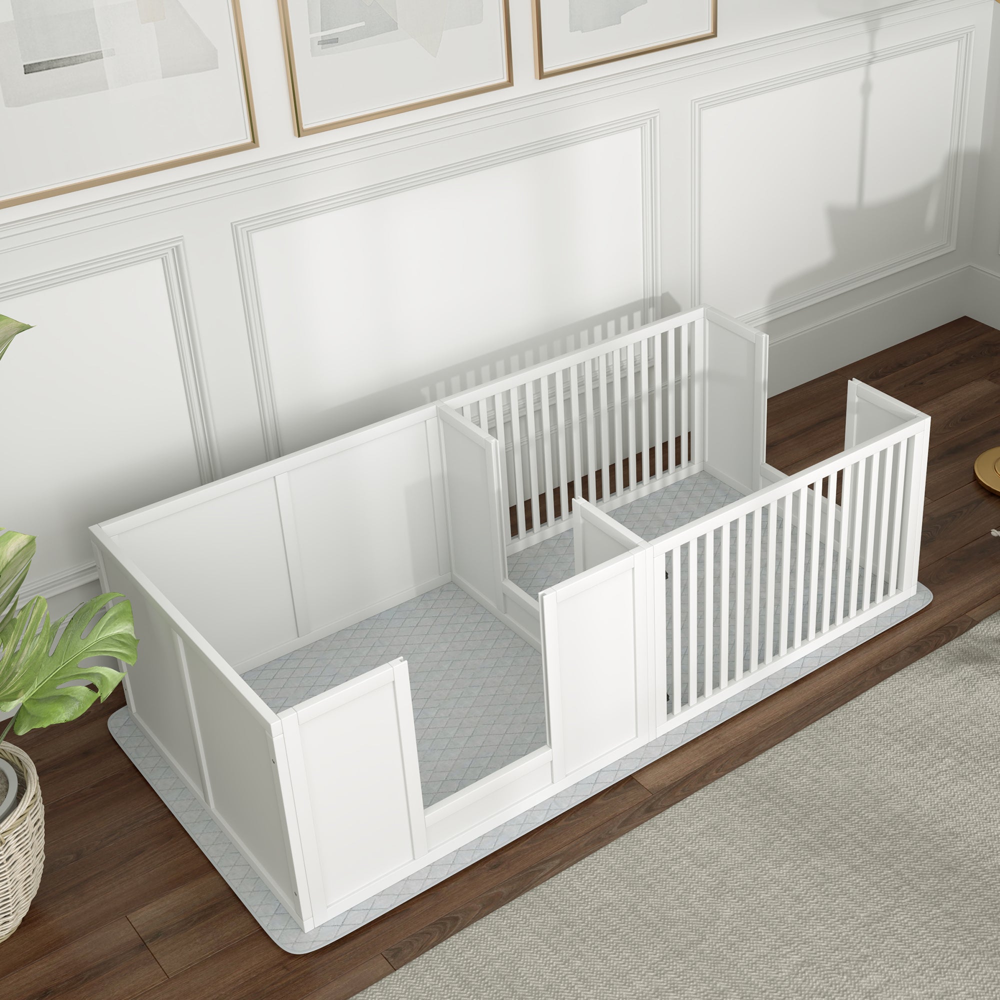 PawHut Werpbox voor Puppy's, met Ondermat, eenvoudig te reinigen, Hout, 166x80x50 cm, Wit