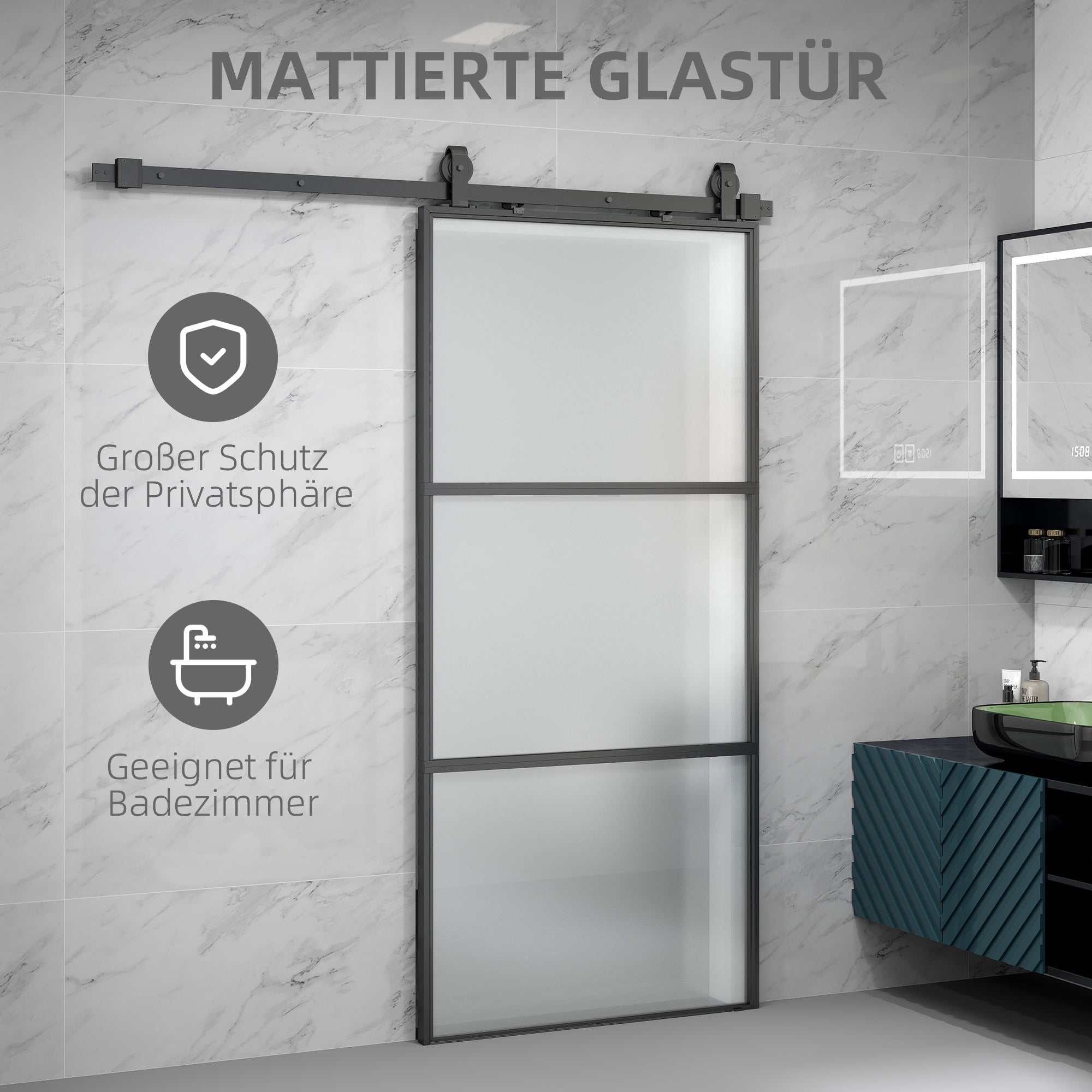 HOMCOM Schuifdeur met melkglas, railsysteem, montageset, soft-close mechanisme, eenvoudige montage, staal, zwart