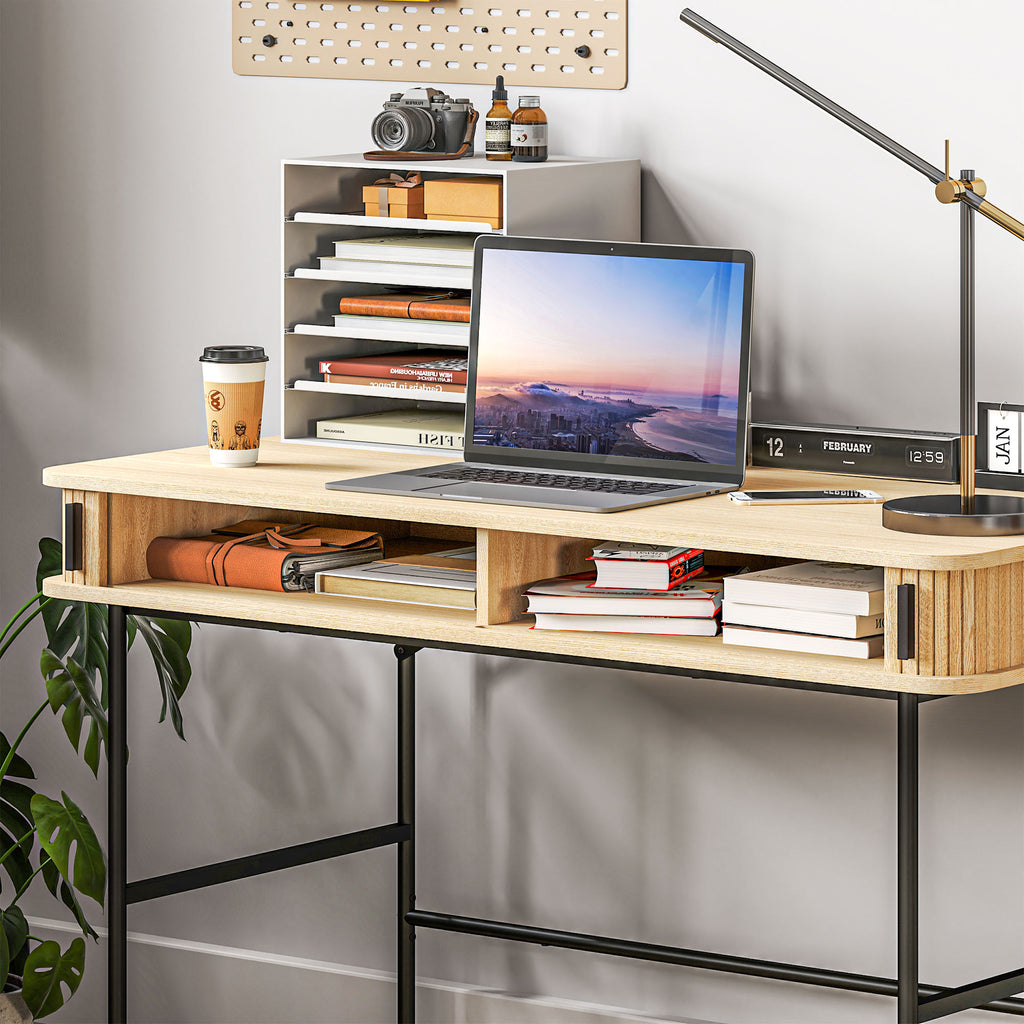 HOMCOM Bureau, Retrostijl, Lamellendecor, Opbergvakken, Stalen Poten, 120 x 60 x 76,5 cm, Eik/Zwart