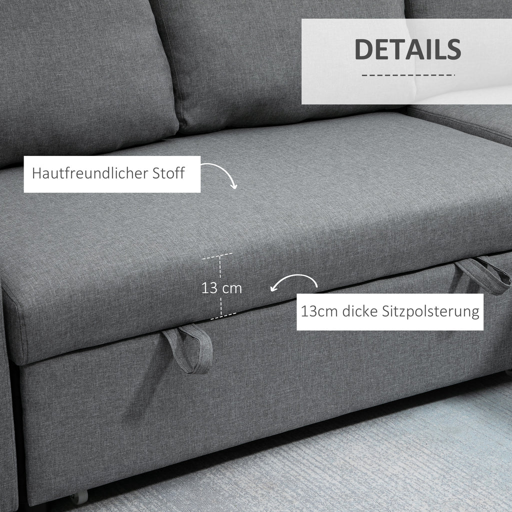 HOMCOM hoekbank met slaapfunctie opbergruimte hoekbank met bedstee chaise longue slaapbank stoffen bank L-vorm linnen touch lichtgrijs 211,5 x 146 x 85 cm