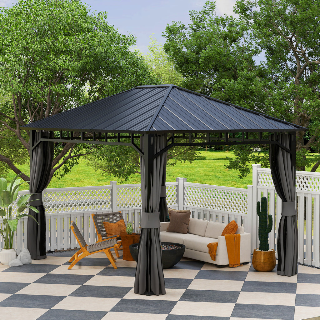 Outsunny Tuinpaviljoen, Metalen Paviljoen, Waterdicht, UV-bestendig, Terraspaviljoen met Netwanden en Gordijnen, Donkergrijs