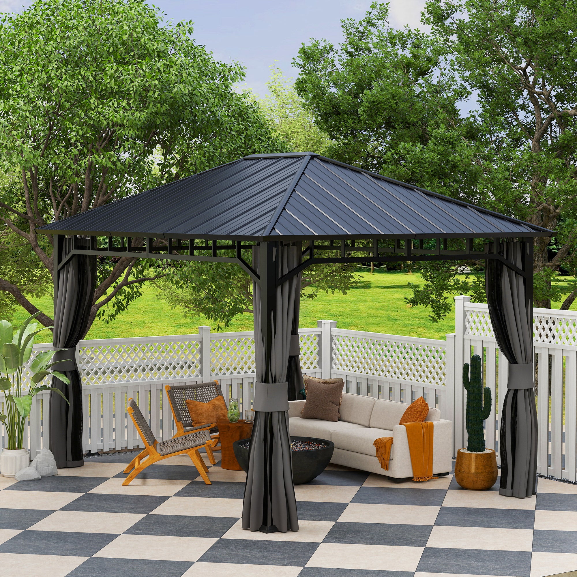 Outsunny Tuinpaviljoen, Metalen Paviljoen, Waterdicht, UV-bestendig, Terraspaviljoen met Netwanden en Gordijnen, Donkergrijs