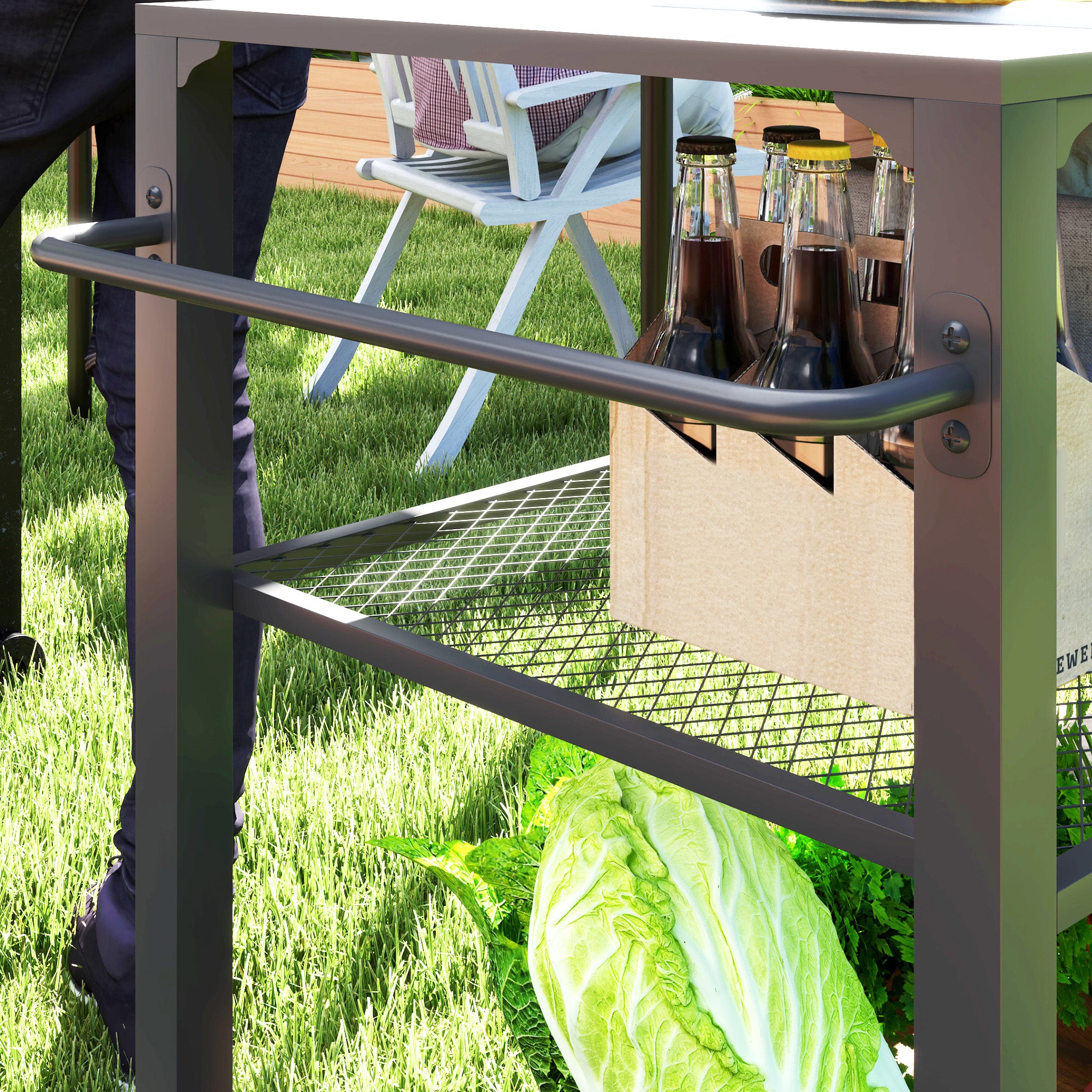Outsunny Outdoor Keukeneiland, Grillwagen met Opbergrek, Handvat, 4 Wielen, Keukentrolley, Tuin, Terras, Metaal, Zwart