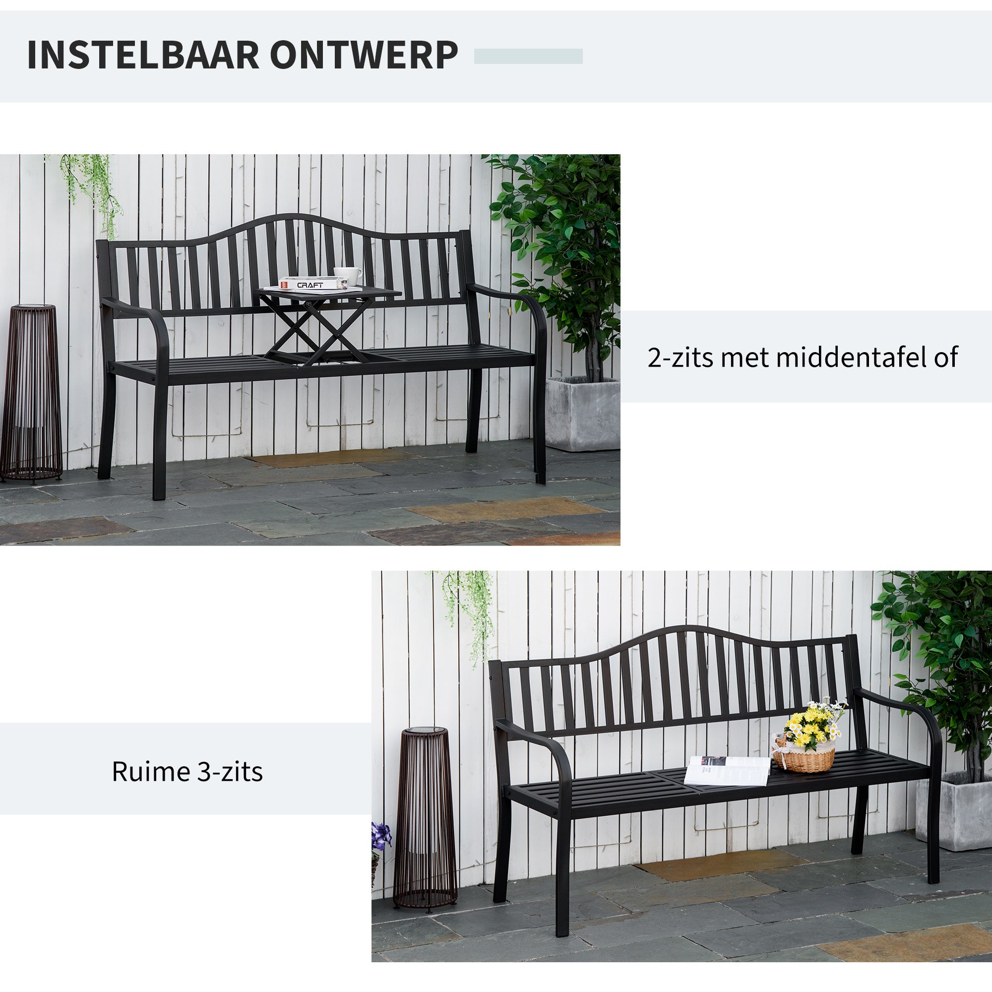 Outsunny Tuinbank met uitschuifbare tafel voor 2-3 personen Metalen parkbank Zitbank Terrasbank met rugleuning en armleuningen Tuinmeubels Zwart 150 x 58.5 x 90 cm