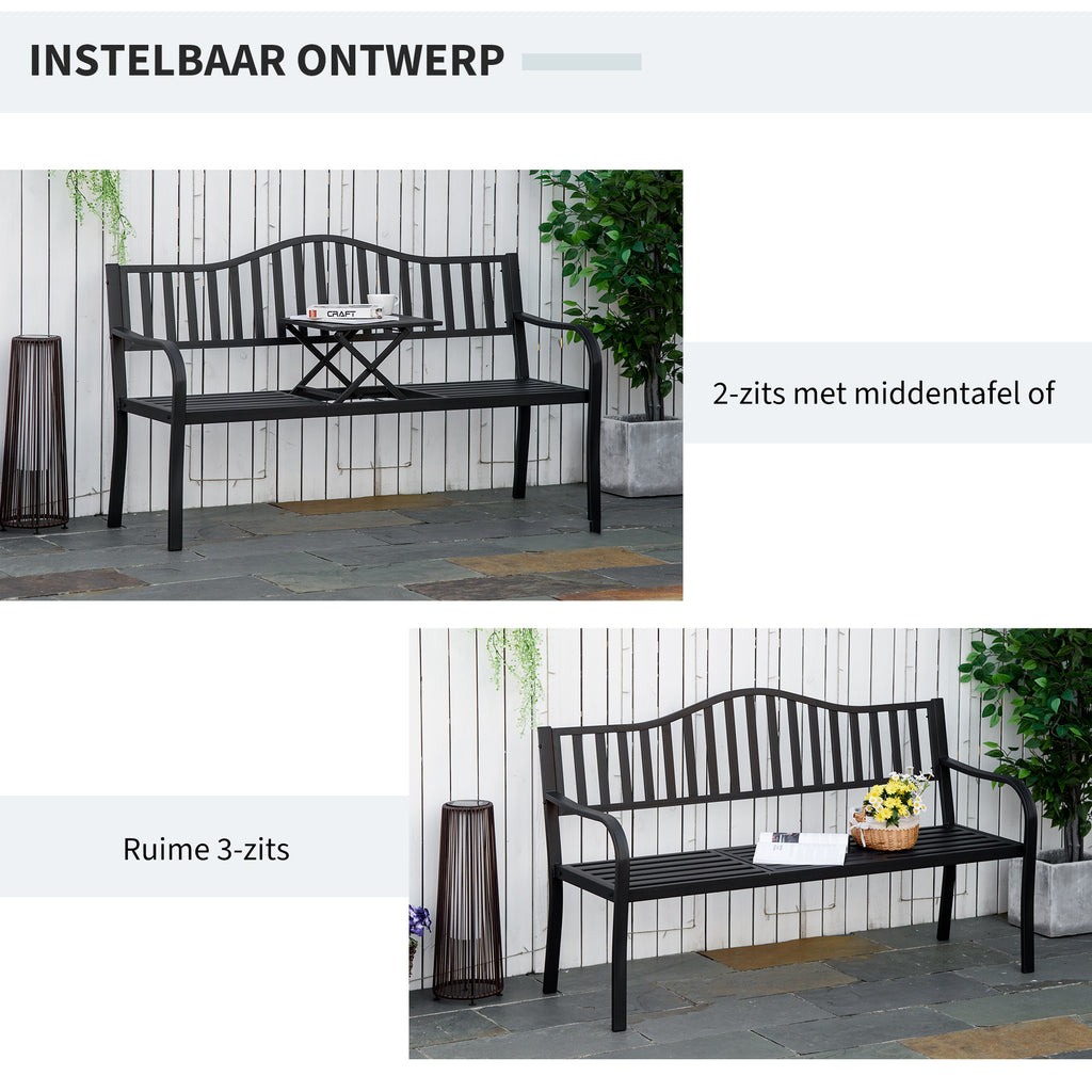 Outsunny Tuinbank met uitschuifbare tafel voor 2-3 personen Metalen parkbank Zitbank Terrasbank met rugleuning en armleuningen Tuinmeubels Zwart 150 x 58.5 x 90 cm